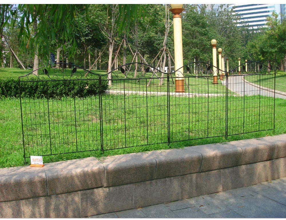 MTB Black Coated Garden Iron Style Metal Side Outdoor Patio Gate Steel Decorative Garden Fence Panel 112cm Hx 91cm W (4 Pack, Linear Length 12 feet) 2 Leaves, Metal Border Folding Fence