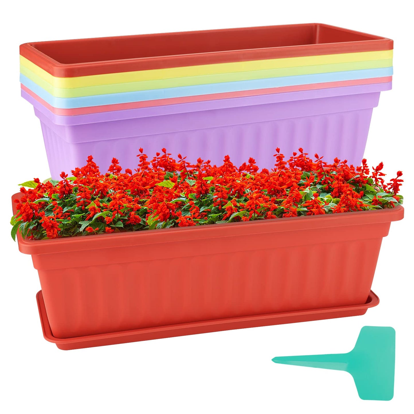 ZOENHOU 6 Pack 43cm Flower Window Box, 17 Inch Rectangular Plastic Window Box Planter with Trays and 30 Green Labels for Windowsill, Patio, Garden, Home Décor, Porch