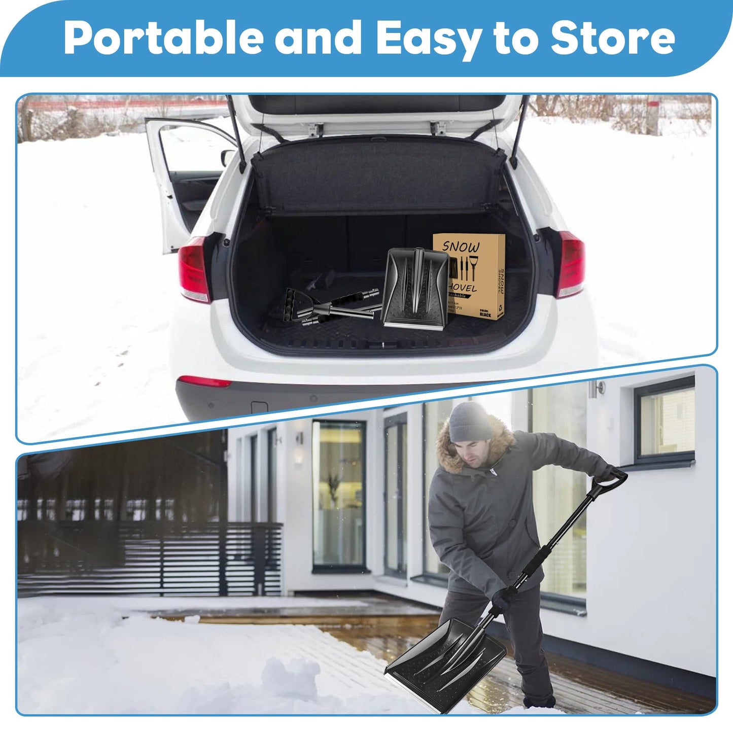 MEETOZ Snow Shovel, 2025 New Upgrade Snow Shovels, Lightweight and Detachable Shovels for Driveway, Portable Shovel for Cars, Home, Garden, Mud and Snowman, Snow Removal(Black)