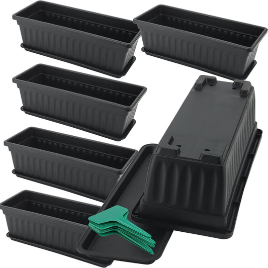 ZOENHOU 6 Pack 43cm Flower Window Box, 17 Inch Rectangular Plastic Window Box Planter with Trays and 30 Green Labels for Windowsill, Patio, Garden, Home Décor, Porchm, Black