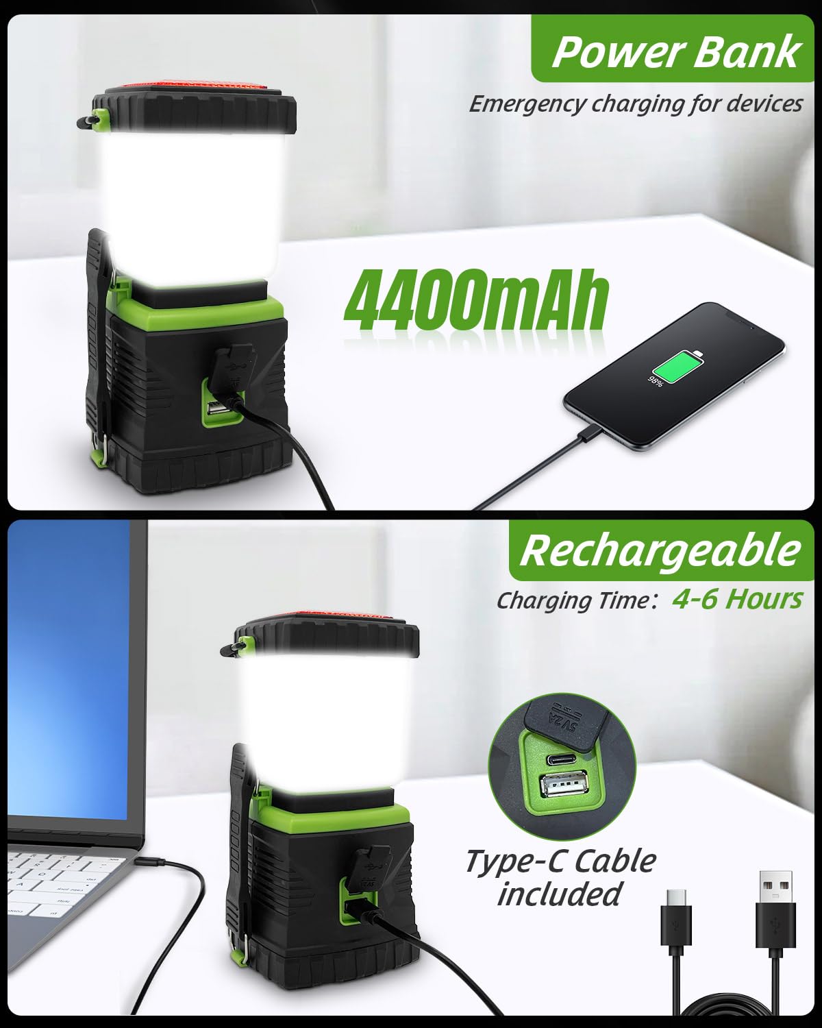 Maxesla 4 in 1 Rechargeable Camping Lantern with Hand Belt, 1600 Lumen LED Camping Lights, 15-20 Hours Long Battery Life, 8 Modes Dimmable Waterproof Tent Light for Camping, Emergency, Hiking, Fishing