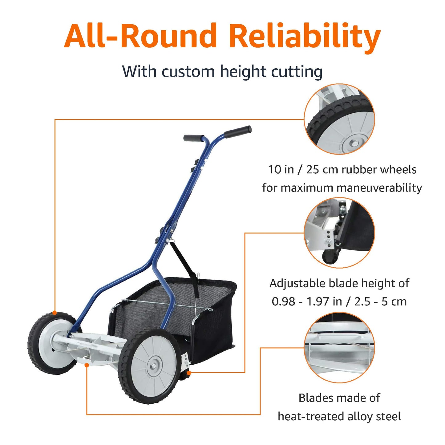 Amazon Basics Push Reel Lawn Mower, 46cm 5-blade with grass catcher, Blue