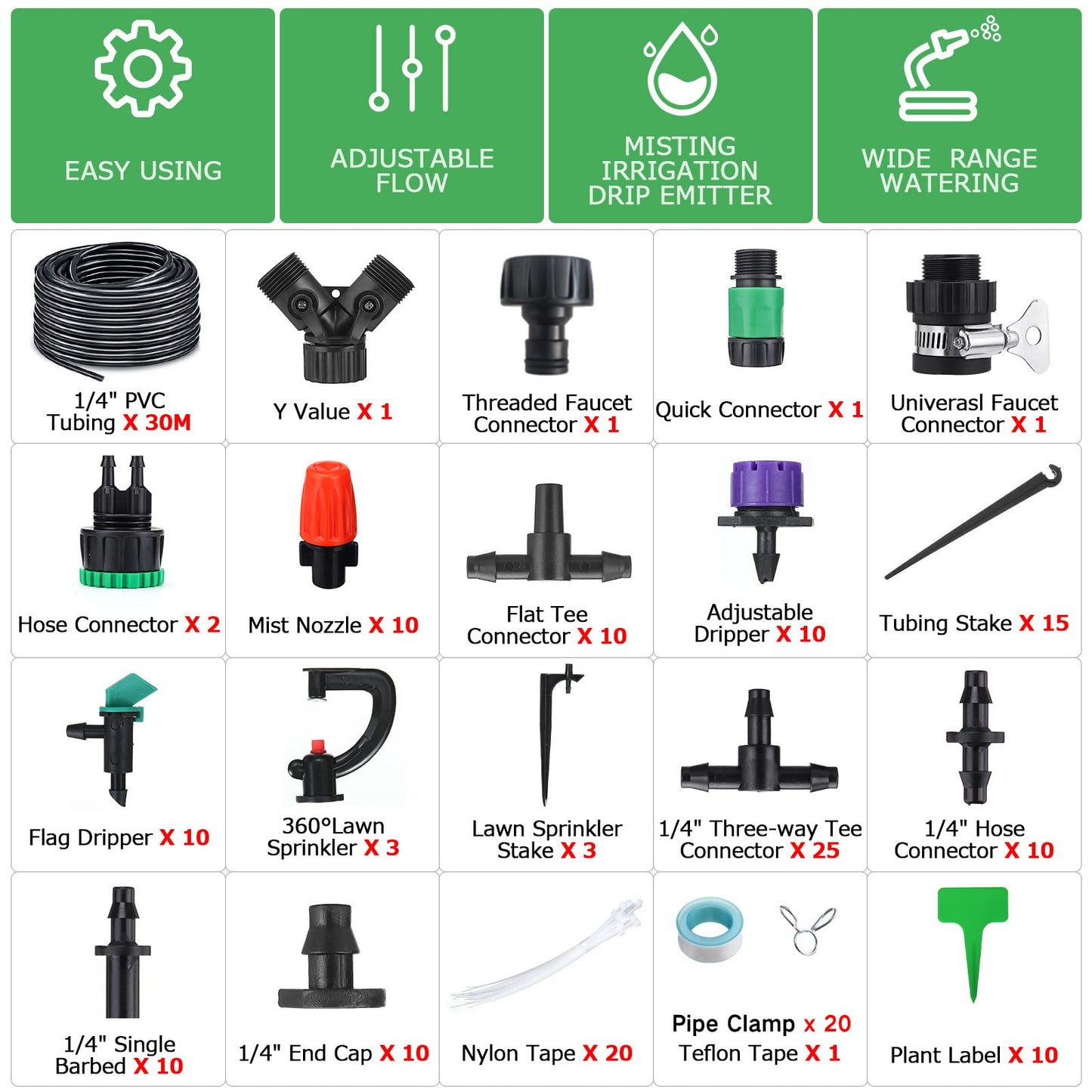 30M/100FT Drip Irrigation System, 173Pcs Micro Irrigation Kit, Greenhouse Plant Watering Hose, Automatic Irrigation System with Adjustable Nozzle Sprayer and Dripper Automatic for Lawn, Garden, Patio