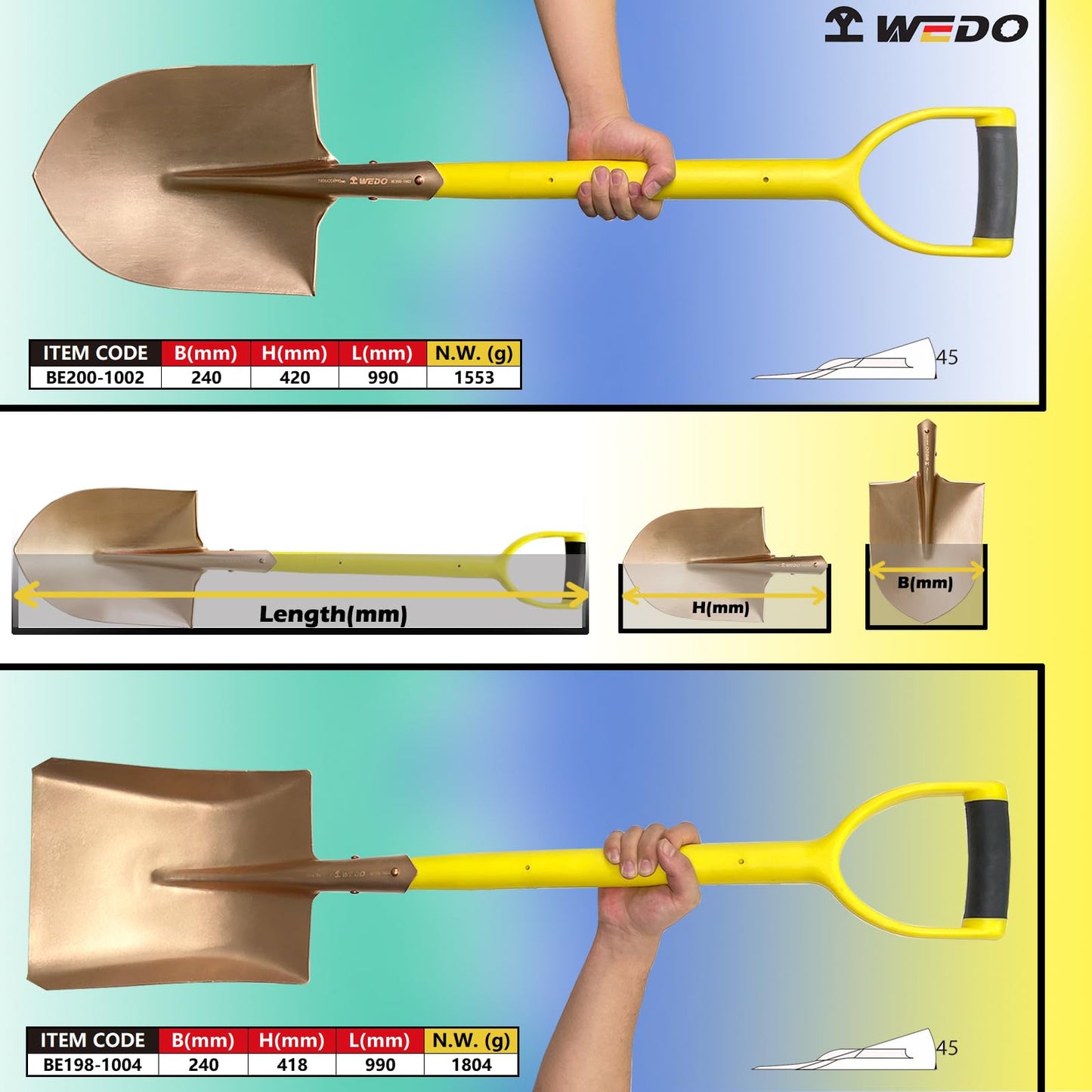 WEDO Non-Sparking Square Shovel and Round Point Shovel Set,39"(990mm) Square Shovel,39"(990mm) Straight Blade Shovel,Beryllium Copper,Non-Magnetic,Non-Slip Handle,DIN Standard,BAM&FM Certificate