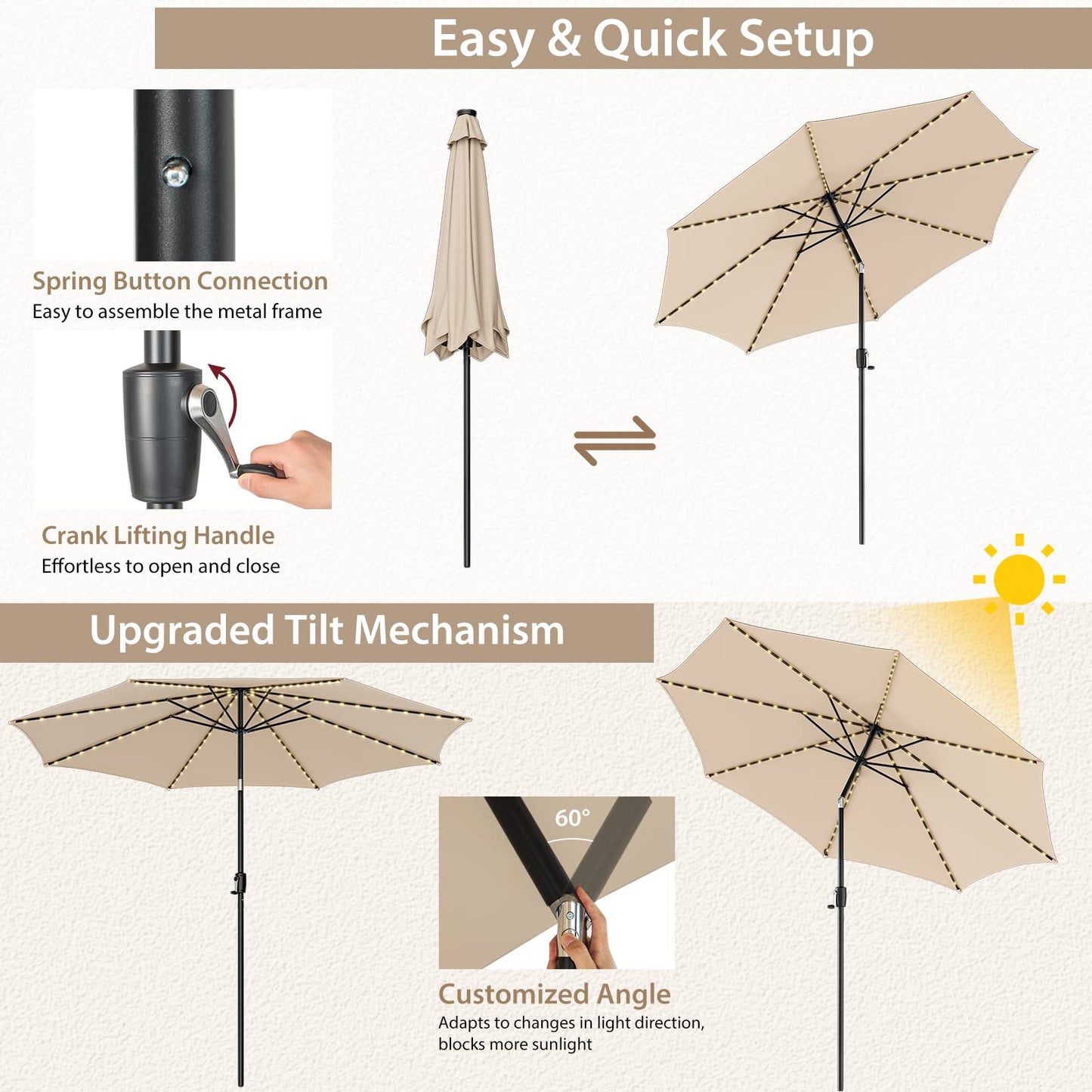 COSTWAY 3m Garden Parasol, 112 Solar Powered LED Lights Patio Umbrella with Tilt, Crank Handle & Vented Top, 8 Ribs UV Protective Outdoor Table Sun Shade for Market Yard Pool (Beige)
