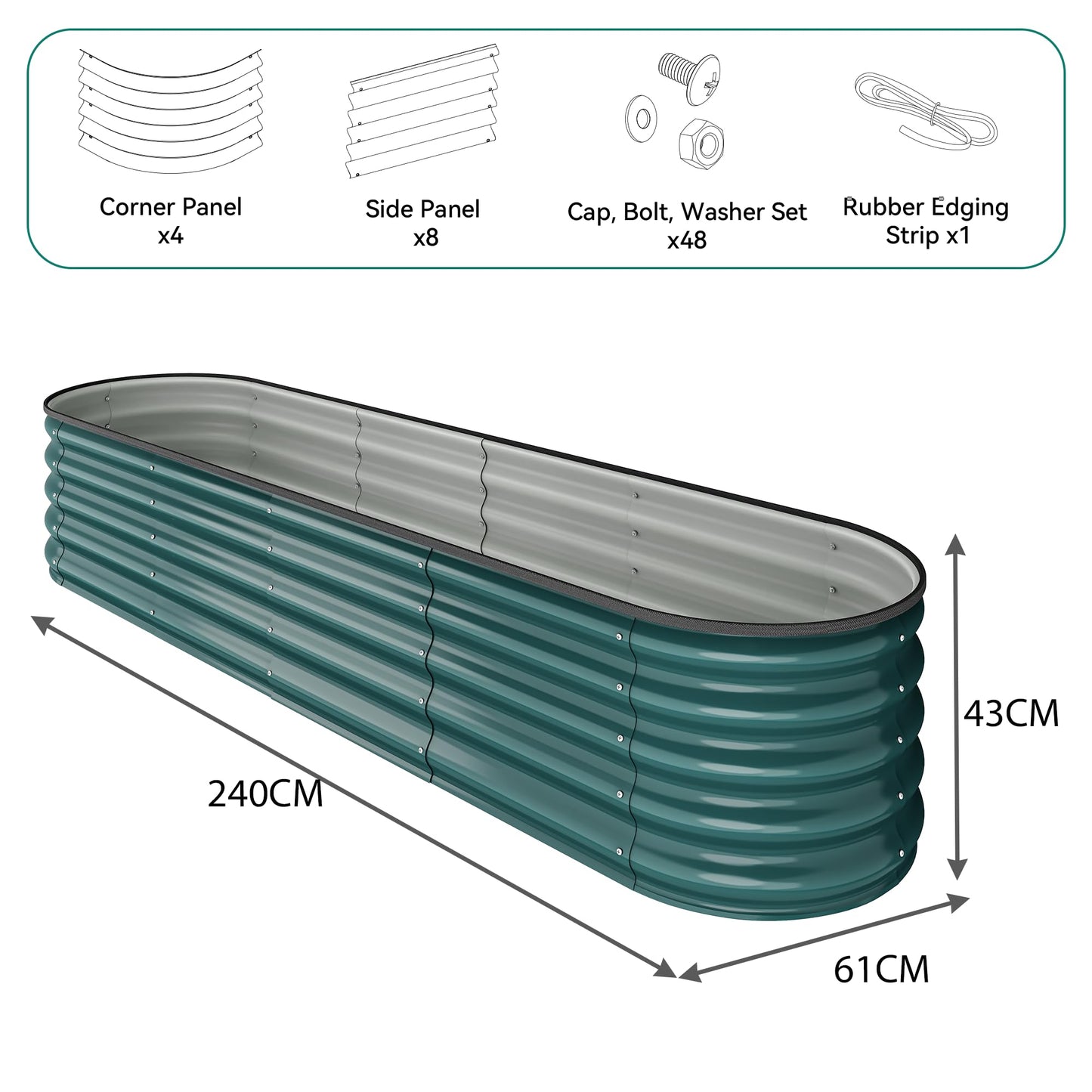 YITAHOME Outdoor Raised Garden Bed Kit 240x61x43cm, Raised Beds Thickened Zinc-Aluminum-Magnesium Stainless Steel Metal Raised Beds for Garden with Safety Rubber for Vegetables Flowers Fruits (Green)