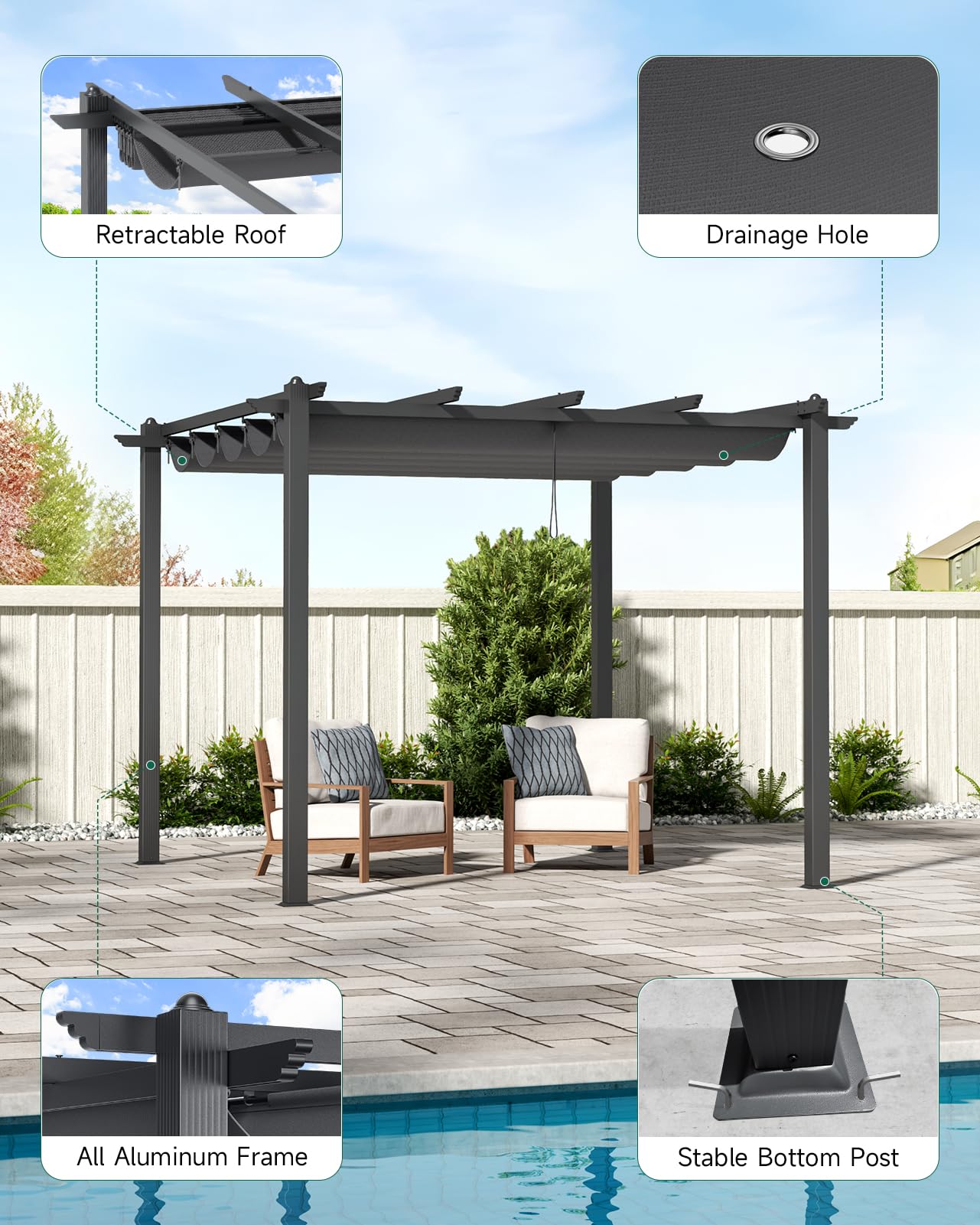 The Fellie 3M x 3M Aluminium Pergola with Retractable Roof, Outdoor Garden Gazebos Water-resistant, Large Metal Retractable Pergola Sun Shade Shelter for Garden, Patio, Poolside, Party, BBQ, Dark Grey