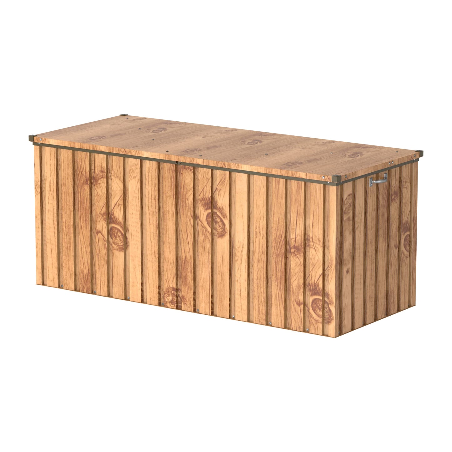 Duramax DH 1.7 Metal Cushion Box (770 L) with Hydraulic Gas Cylinder & Padlock Eye, Outdoor Deck Box and Garden Furniture Organizer, Woodgrain & Brown Trimmings