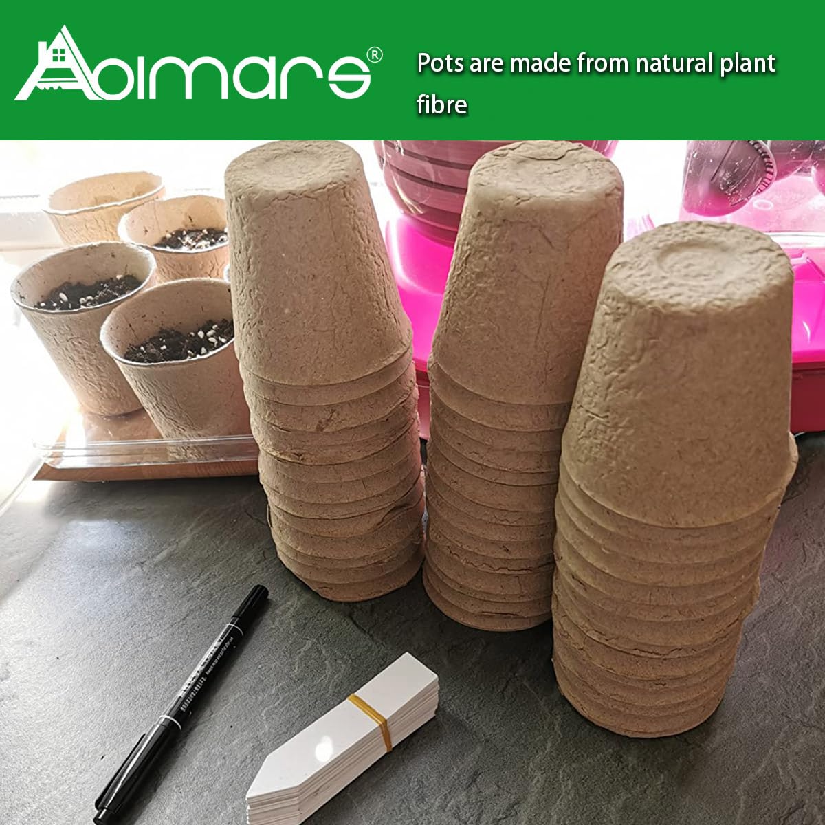 Abimars Biodegradable Fibre Seed Pots, 50 Pcs 8 cm Round Fibre Pots for Seedling with 50 Pcs Plastic Plant labels and Plant label pen