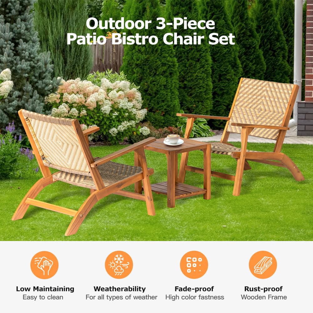 Panana 3 Pieces Garden Furniture Set Solid Acacia Wood Side Table and PE Rattan Wicker Wooden Chairs Bistro Set for Outdoor, Patio, Porch, Poolside, Balcony