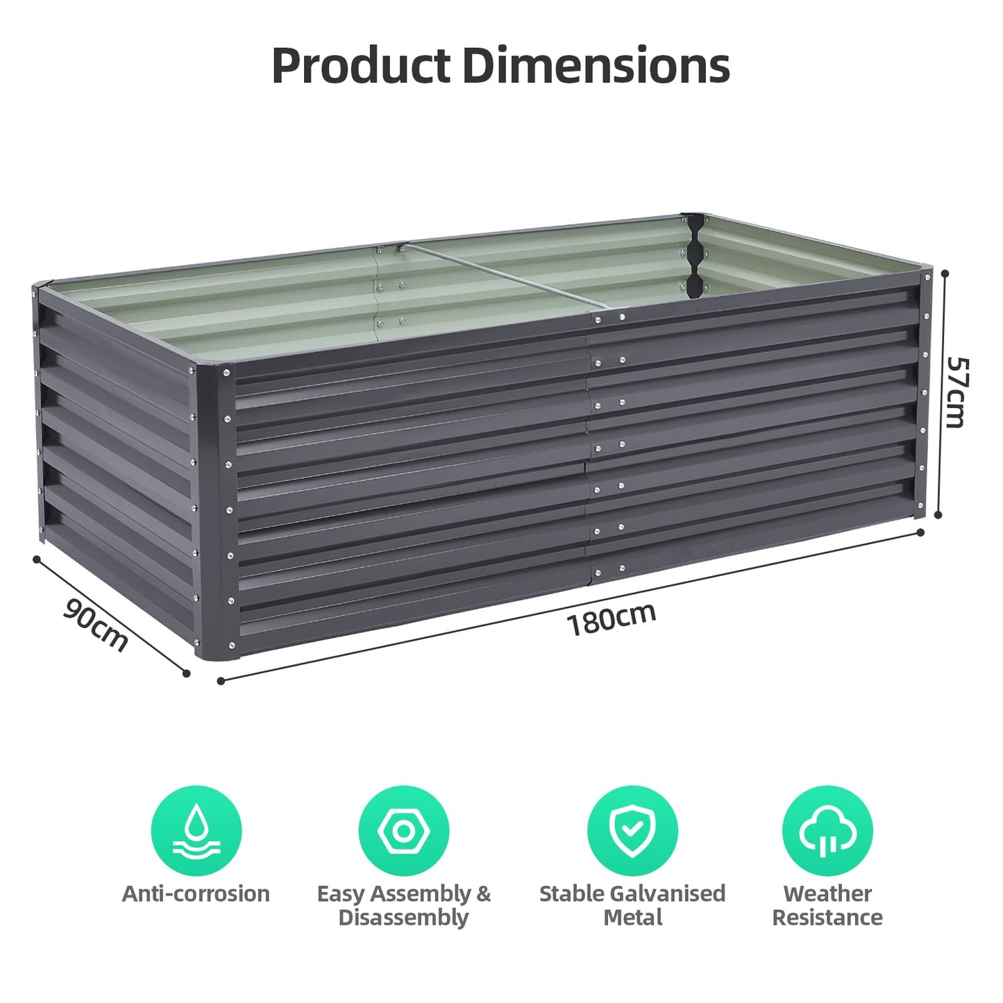 DKIEI 180x90x57cm Metal Raised Beds for Garden Vegetables, 923L Raised Planters Outdoor Large, Galvanised Raised Garden Planter Box Kit Bottomless Raised Bed for Flowers Herbs Fruit Growing, Grey
