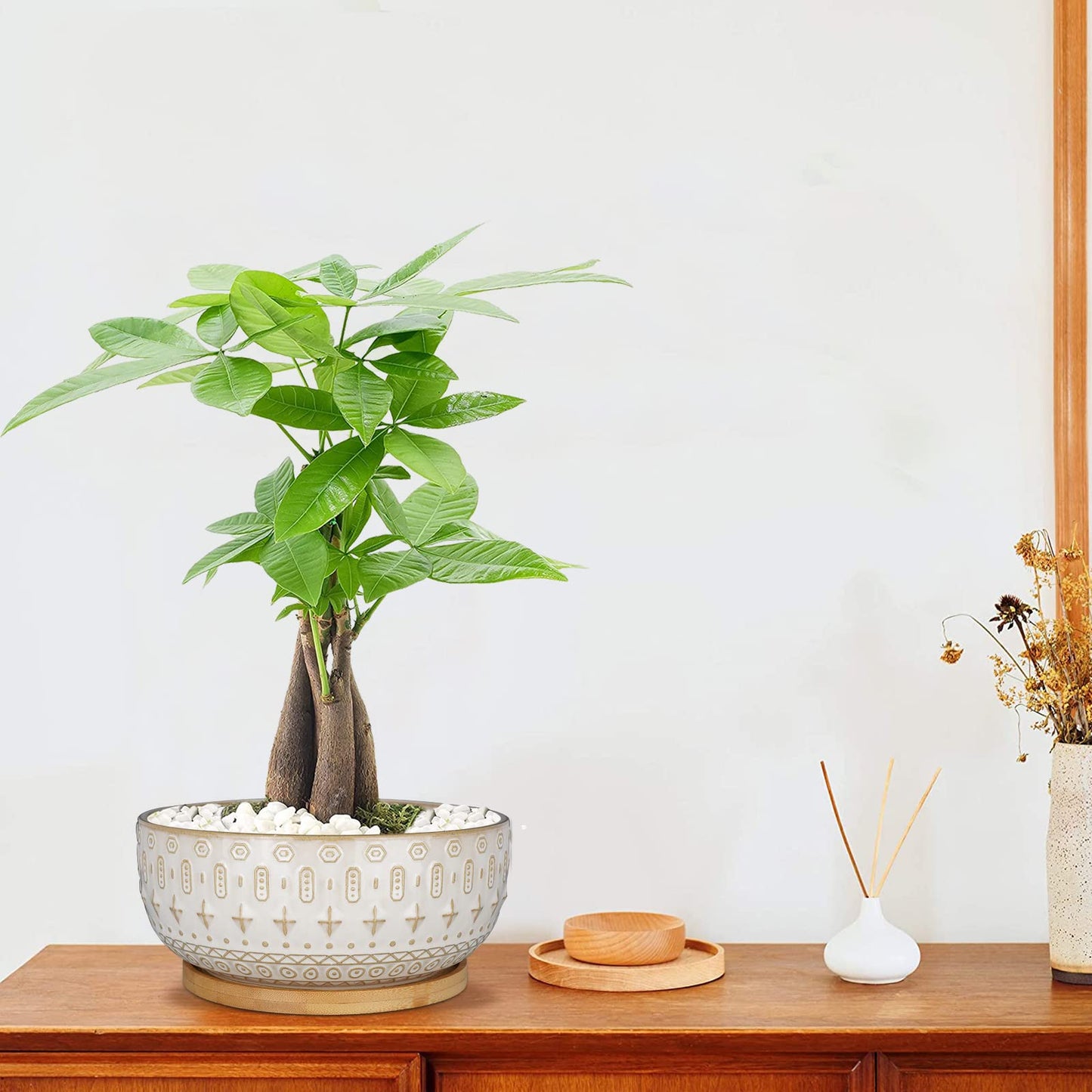 Fivepot 20.5CM Ceramic Succulent Planter Pots with Drainage Hole for Indoor Plants Round Shallow Bonsai Flower Pot with Bamboo Tray White