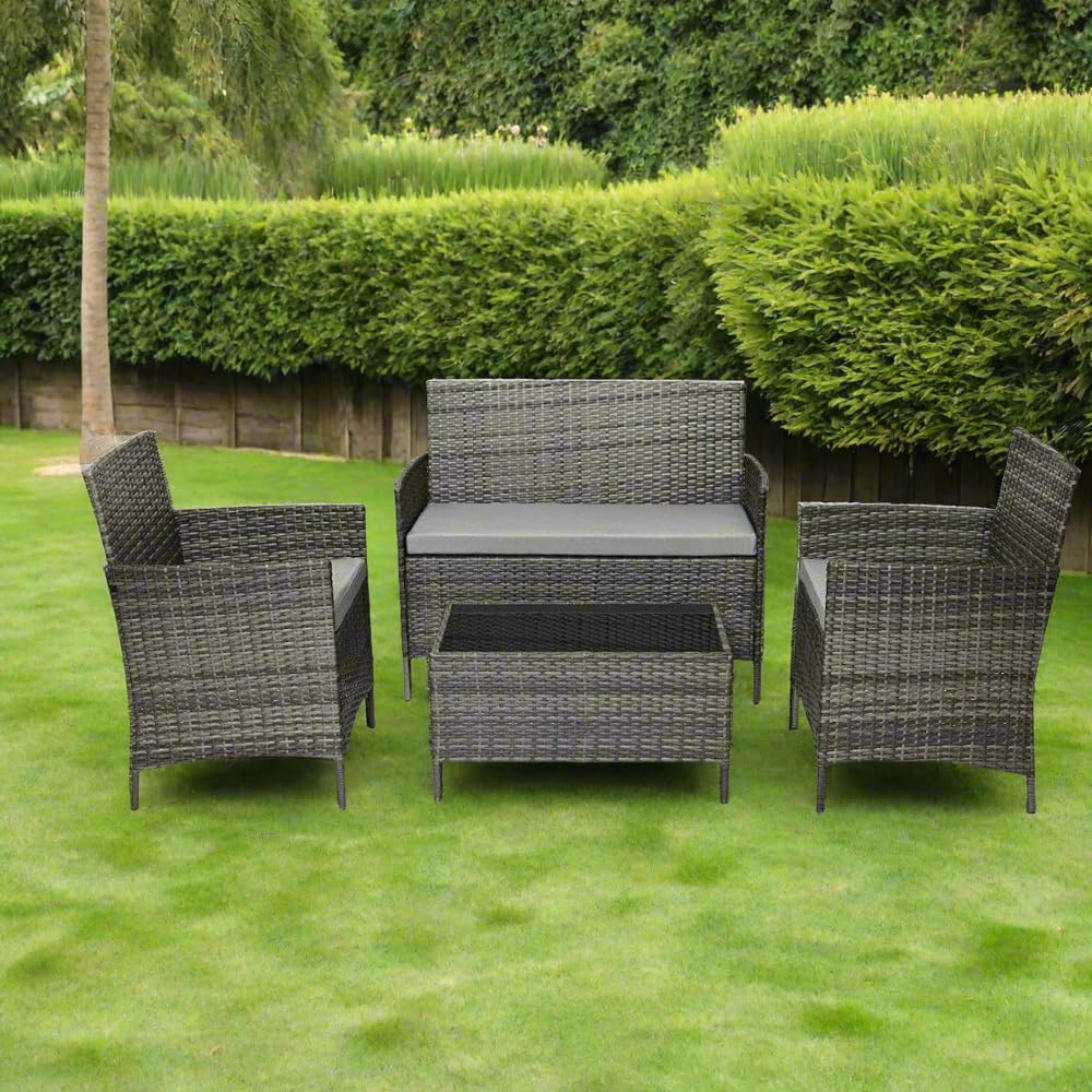 EVRE Grey Rattan Garden Furniture Set Patio Conservatory Balcony Indoor Outdoor 4 Seater Piece Glass Top Coffee Table Modular Sofa Loveseat with Cushions