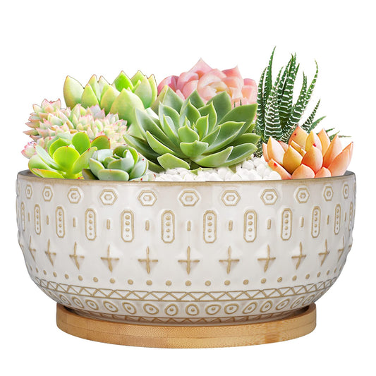 Fivepot 20.5CM Ceramic Succulent Planter Pots with Drainage Hole for Indoor Plants Round Shallow Bonsai Flower Pot with Bamboo Tray White
