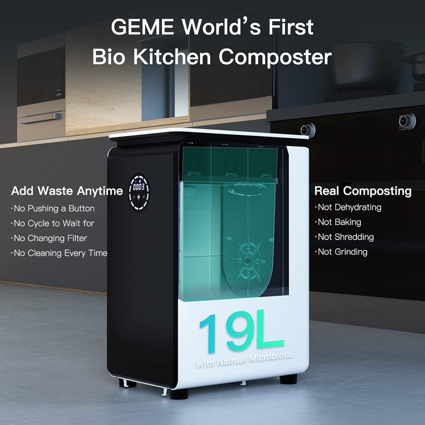 GEME World First Compost Bio Smart 19L Electric Composter for Kitchen, No Need to Change Filter, Not Dehydration Tec, Add Waste Anytime, Electric Compost Bin Kitchen, Food Cycler Real Compost