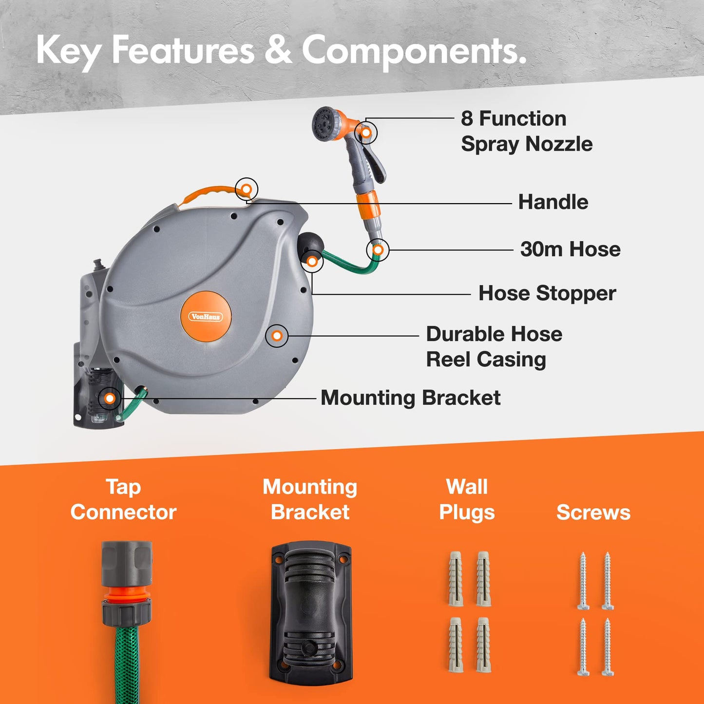 VonHaus Hose Reel 30m – Wall Mounted Hose Reel for Garden, Retractable, Auto Lock and Auto Rewind, Includes Wall Fixings and 8 Function Spray Gun, 180° Pivot Swivelling, Long Reach, Outdoor Watering