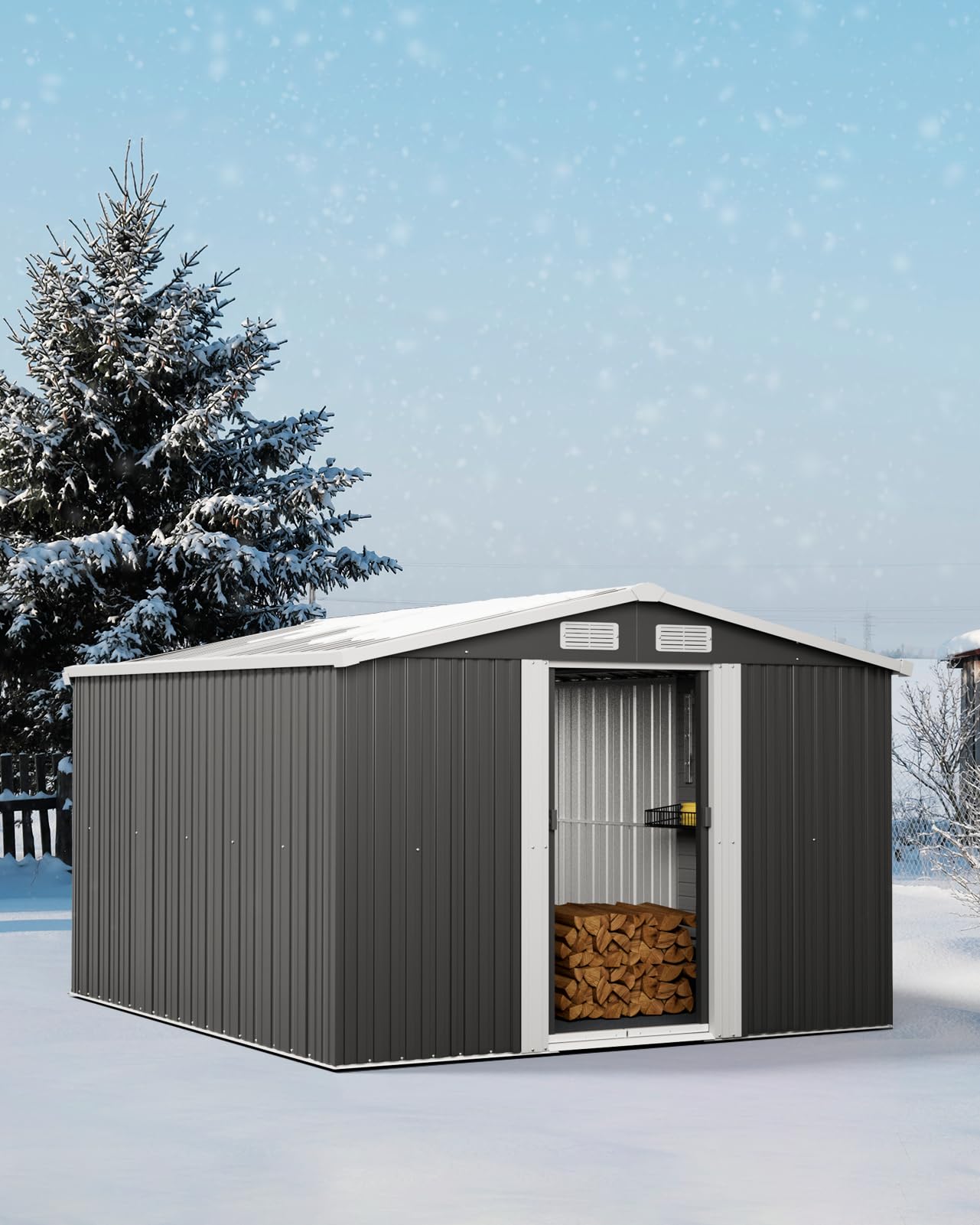 XEMQENER Large Garden Storage Shed with Base, 10x8 FT Metal Garden Shed with Door and Roof, Lockable Outdoor Storage House for Gardening Tools, Gardening Equipment, Bike, 257x312x178cm, Black