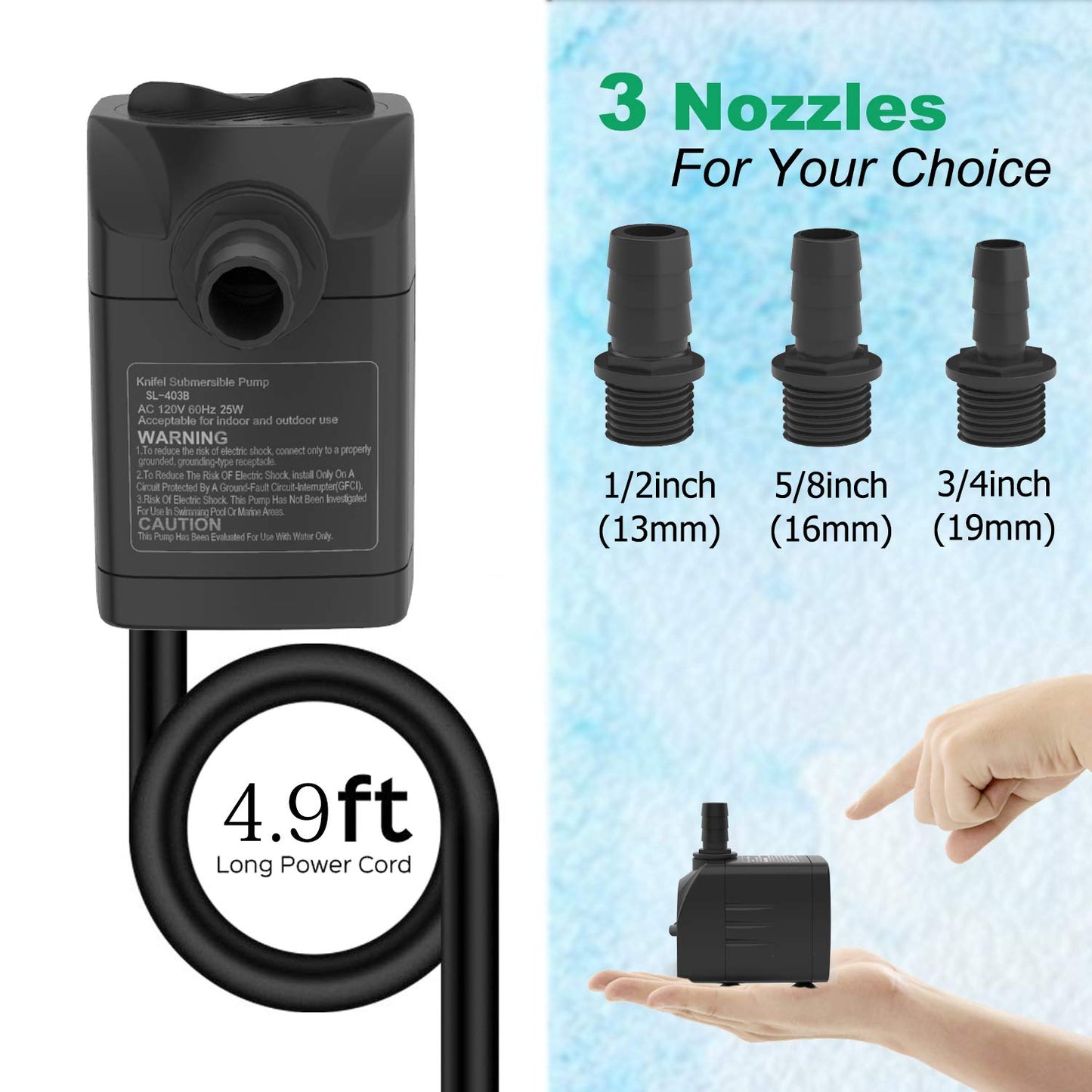 Knifel Submersible Pump 1500L/H 25W Dry Burning Protection with Ultra Quiet Design 2m High Lift for Fountains, Hydroponics, Ponds, Aquariums & More…