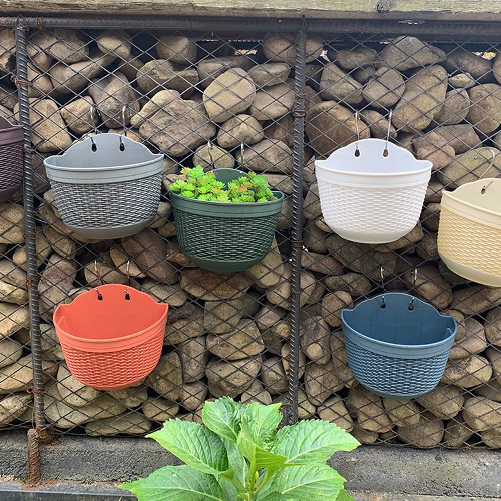 Set of 2 Pcs Hanging Planters Outdoor Hanging Basket Plastic Flower Pot Plants Holder Hanger for Balcony Fence Wall Mounted Planters Hanging Fence Planters with Drainage and 4 Hooks (F)