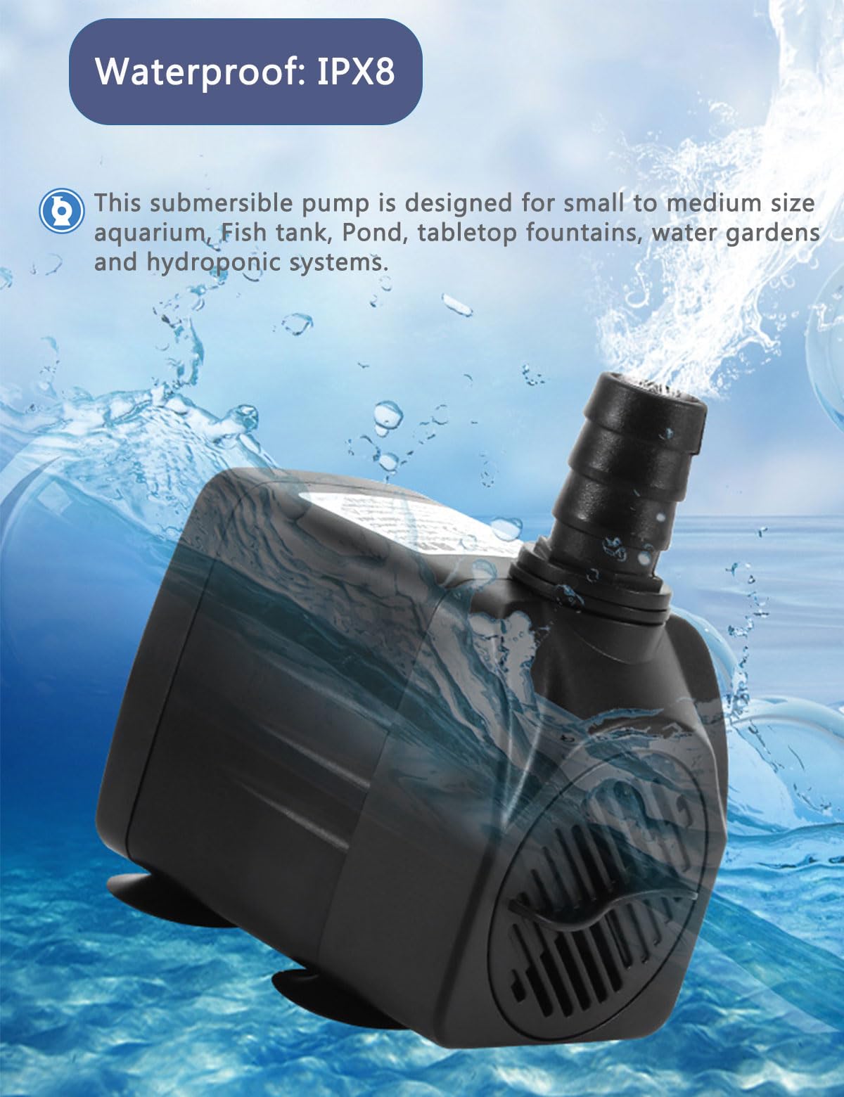 KINGYEENUO Aquarium Pump, Water Pump, Pond Pump, Submersible Pump 25W, 400GPH(1500L/H), 3 Nozzles, with 8.2ft High Lift, Ultra Quiet Water Pump for Aquariums, Fish Tank, Pond Fountain, Hydroponics