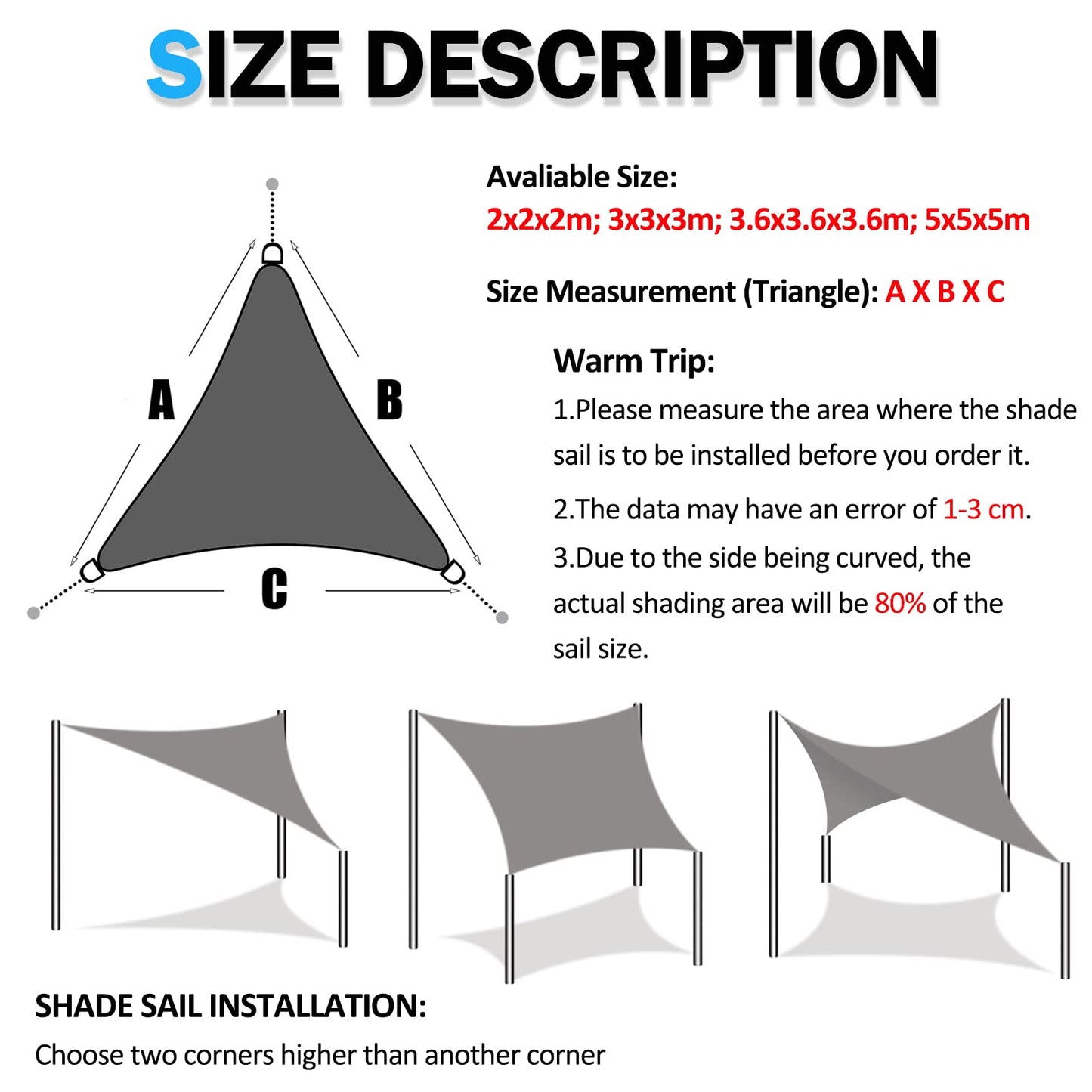 HEYOMART Sun Shade Sail Waterproof Outdoor Garden Patio Party Sunscreen Awning 2x2x2m Triangle Canopy 98% UV Block with Free Rope, Grey