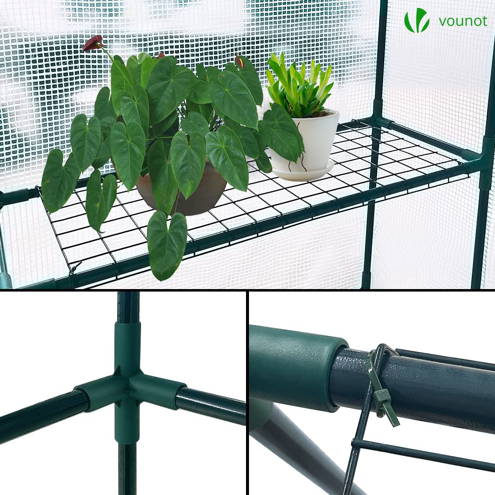 VOUNOT® Walk In Greenhouse with Shelves, Roll up Zip Panel Door Garden Plastic Polytunnels Grow House for Outdoor Use, White 143x143x195cm