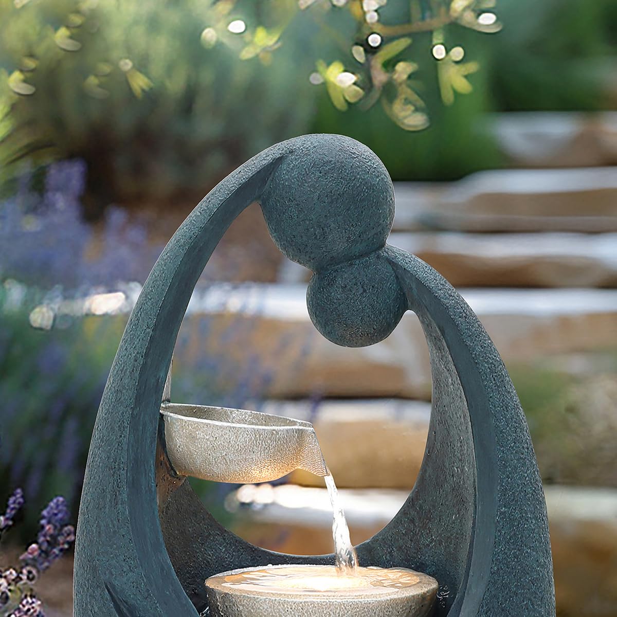 CHARLES BENTLEY 2 Tier, Water Feature, Cascading Water, UV Resistant, Weather Resistant, Mains Powered, Plug Included, Frost Resistant, Dark Blue, Water Fountain, Built In LED Lights (62x30x24cm)