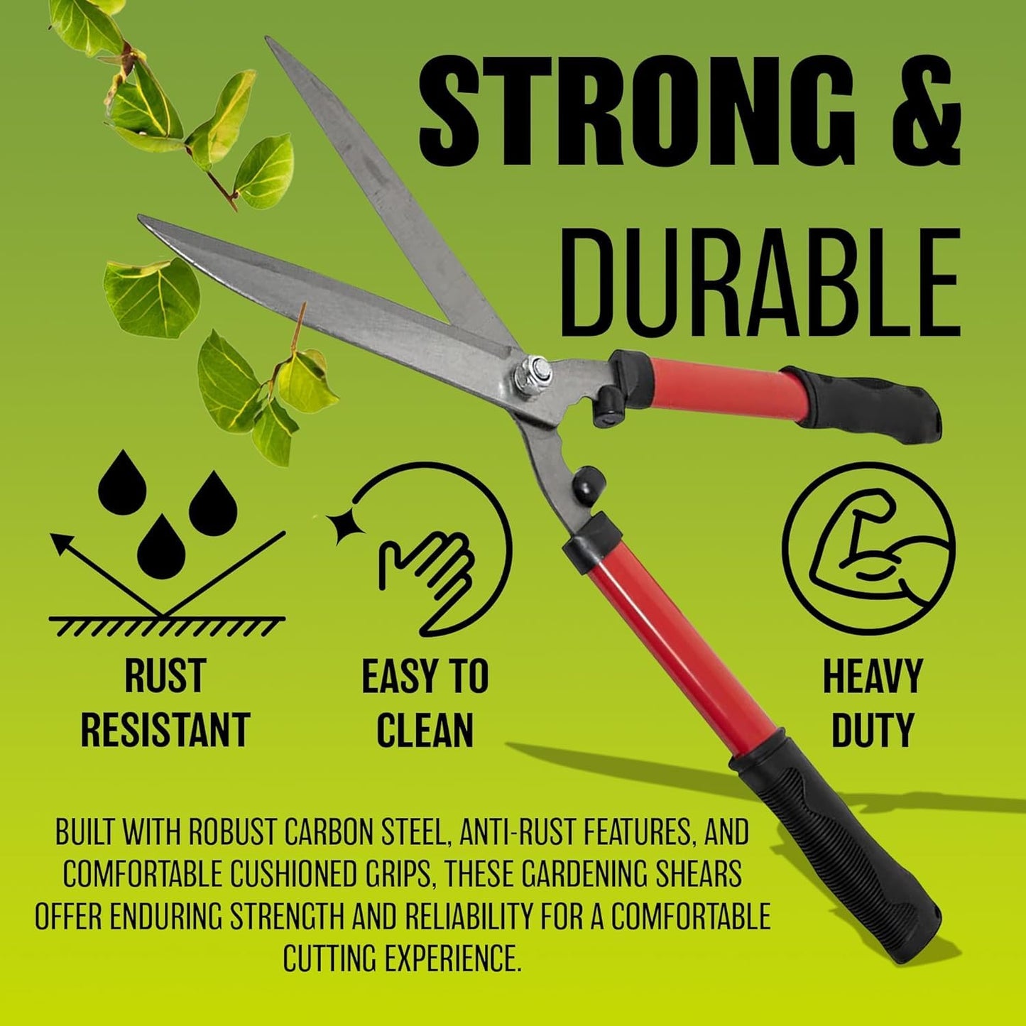 20'' Carbon Steel Hedge Shears - Anti-Slip Handles Grip Garden Grass Shrubs Bushes Trimmer | Lightweight, Razor Sharp Cut, Rust Resistant - Blade Tools for Gardening, Cutting, Trimming, Shearing