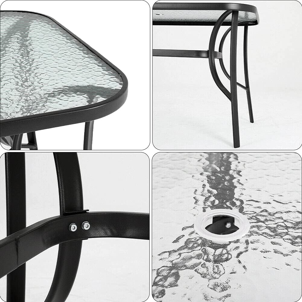 Panana Garden Dining Table with Tempered Glass Top Parasol Hole Metal Frame Coffee Table Furniture Conservatory Outdoor Patio Balcony 150x90x72cm
