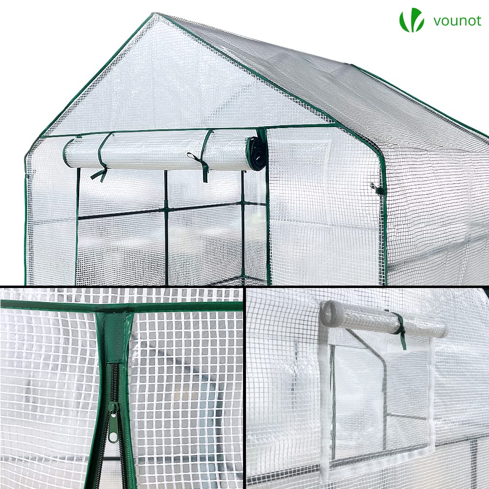VOUNOT® Walk In Greenhouse with Shelves, Roll up Zip Panel Door Garden Plastic Polytunnels Grow House for Outdoor Use, White 143x143x195cm
