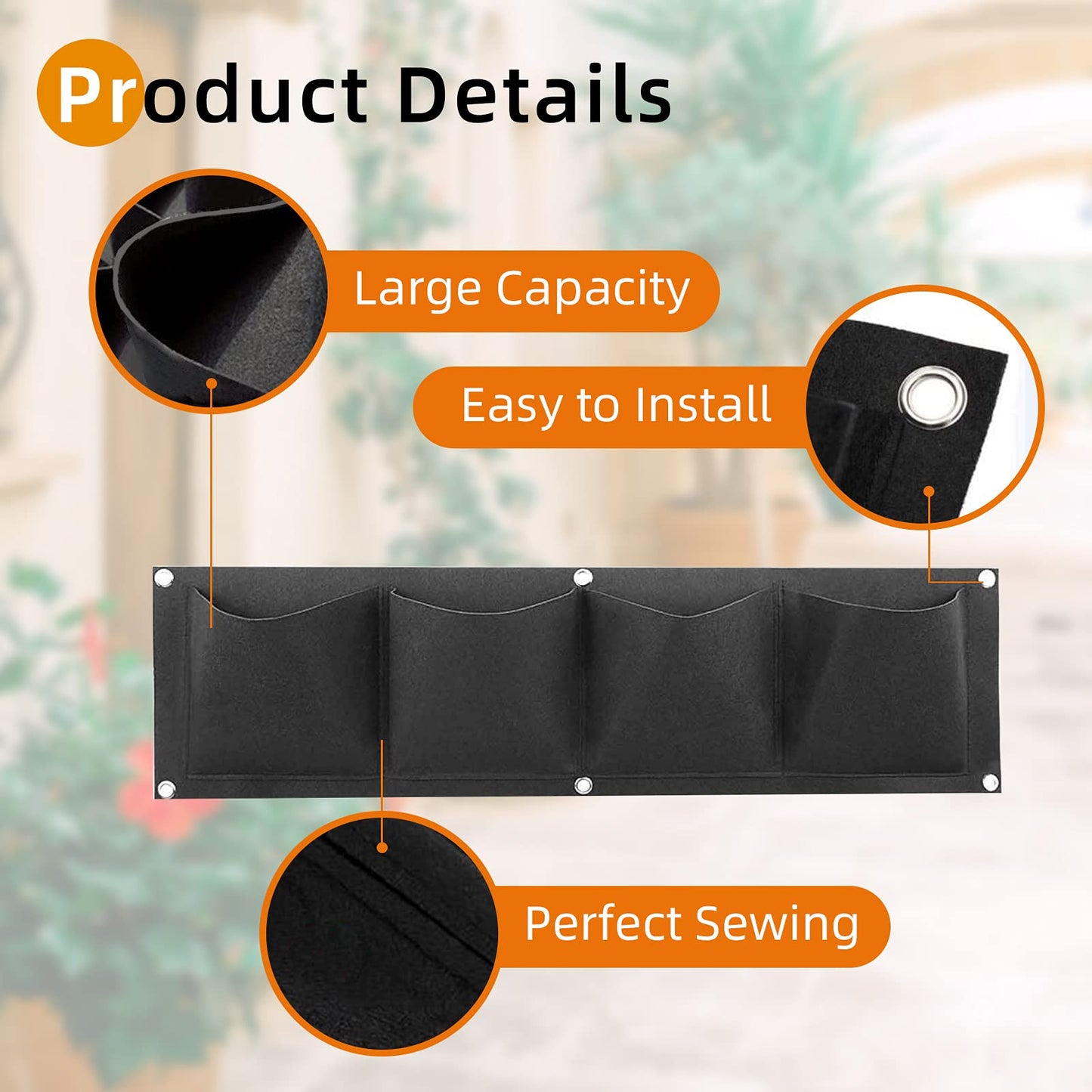 Ohiyoo Hanging Planter 2 Pack 4 Pocket Hanging Vertical Wall Planter Planting Grow Bags Gardening Vertical Greening Flower Container Storage Bags Planting Bag (Black)