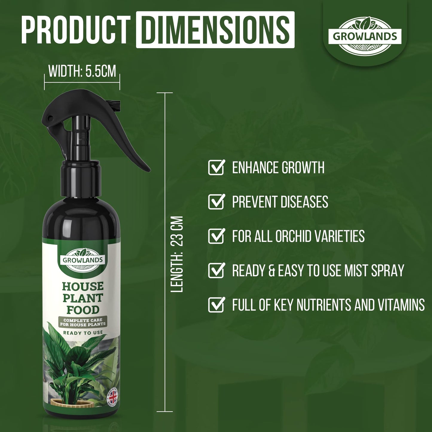 Growlands Indoor House Plant Food - 300 ml - Indoor Plant Liquid Spray Fertilizer - Designed For Use on All Indoor Plants - Fertilizer for Indoor Plants - Ready to Use Mist Spray