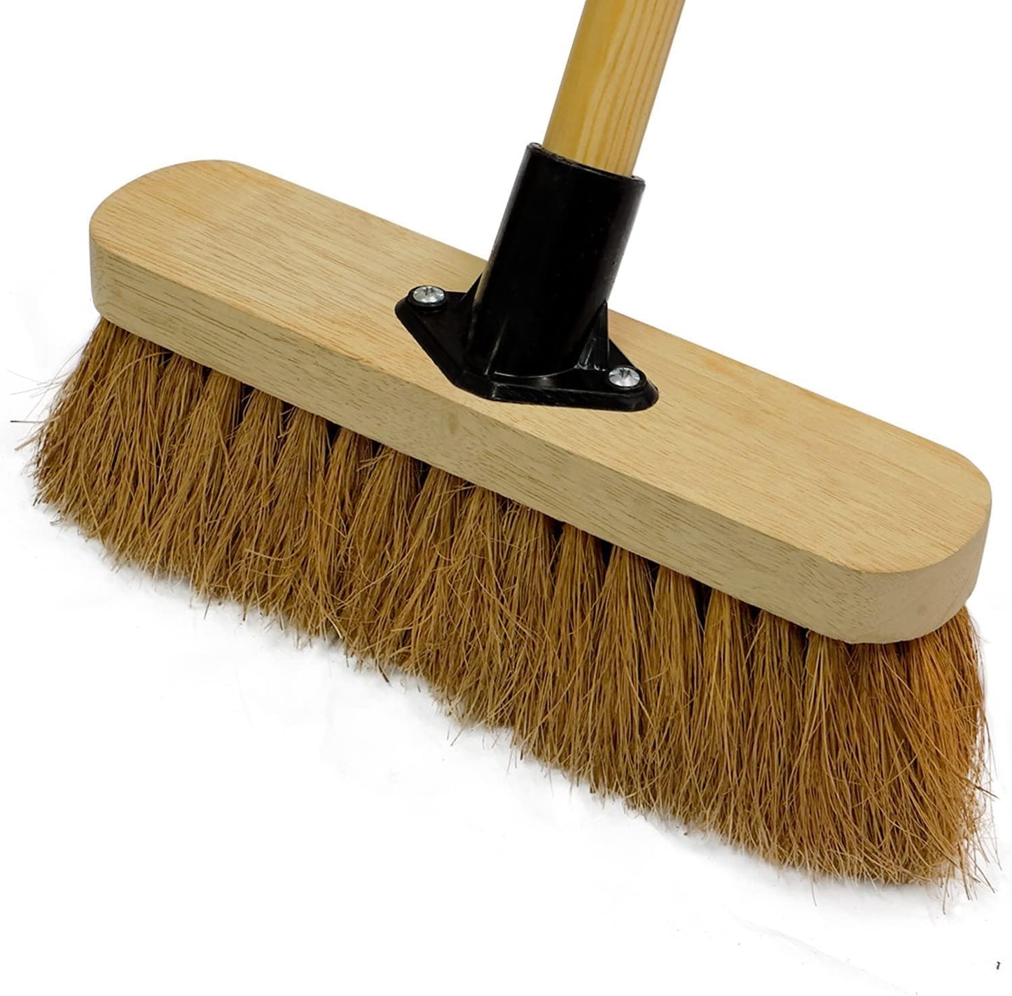 10” Soft Broom Indoor with Wooden Handle Natural Coco Bristles Sweeping Brush with Durable Support Bracket for Cleaning Any Surface Wooden Floor Decking and Paving Slabs (Pack of 1)