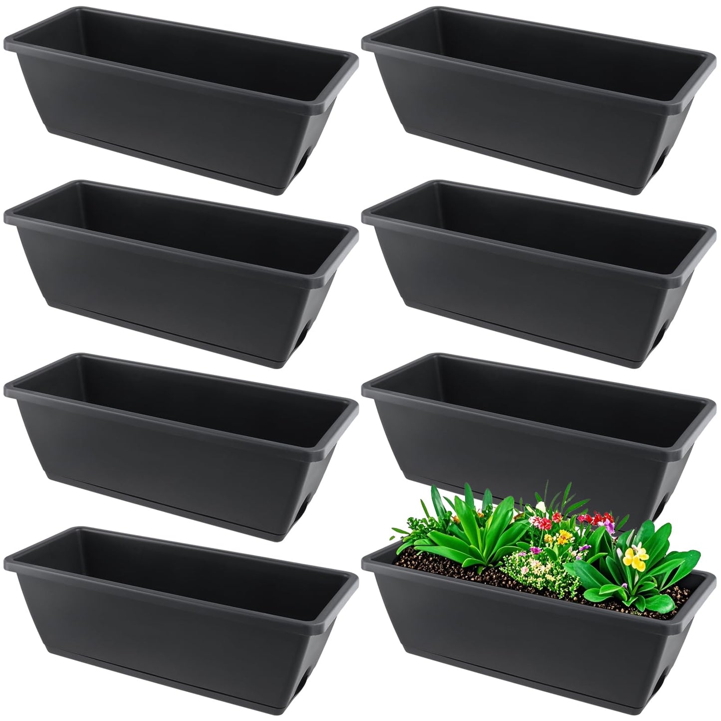 MUKSEUT 8PCS 17 Inch Black Window Boxes with Drainage Holes and Trays, Resin Flower Window Box Planter, Rectangle Planters for Windowsill, Patio, Garden, Home Decor, Porch Yard