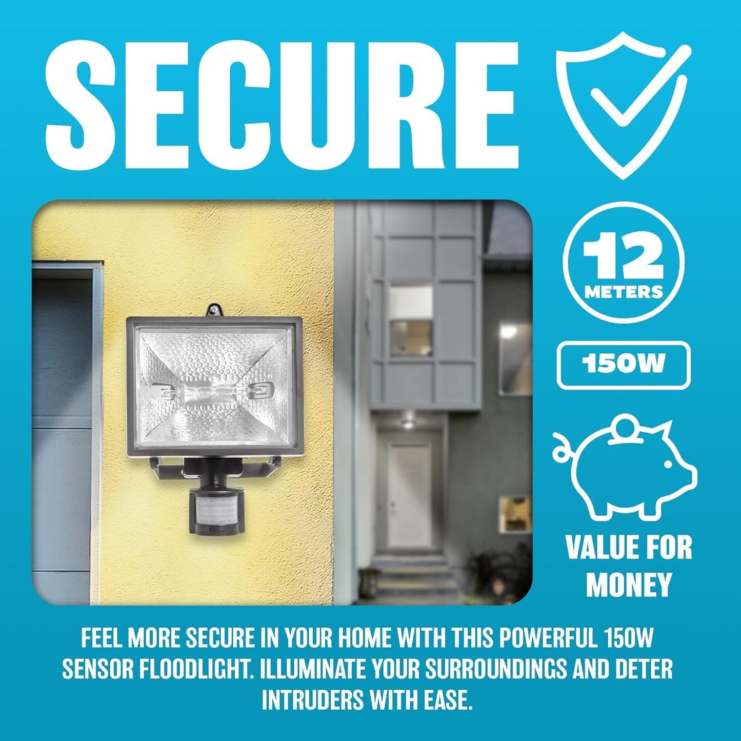 150W Security Flood Light with Sensor - Outdoor Halogen Light, Suitable for Gardens, Garage, Forecourt | PIR Motion Sensor | Waterproof, Weatherproof & Rust Proof - 150 Watt Power, Aluminium Body