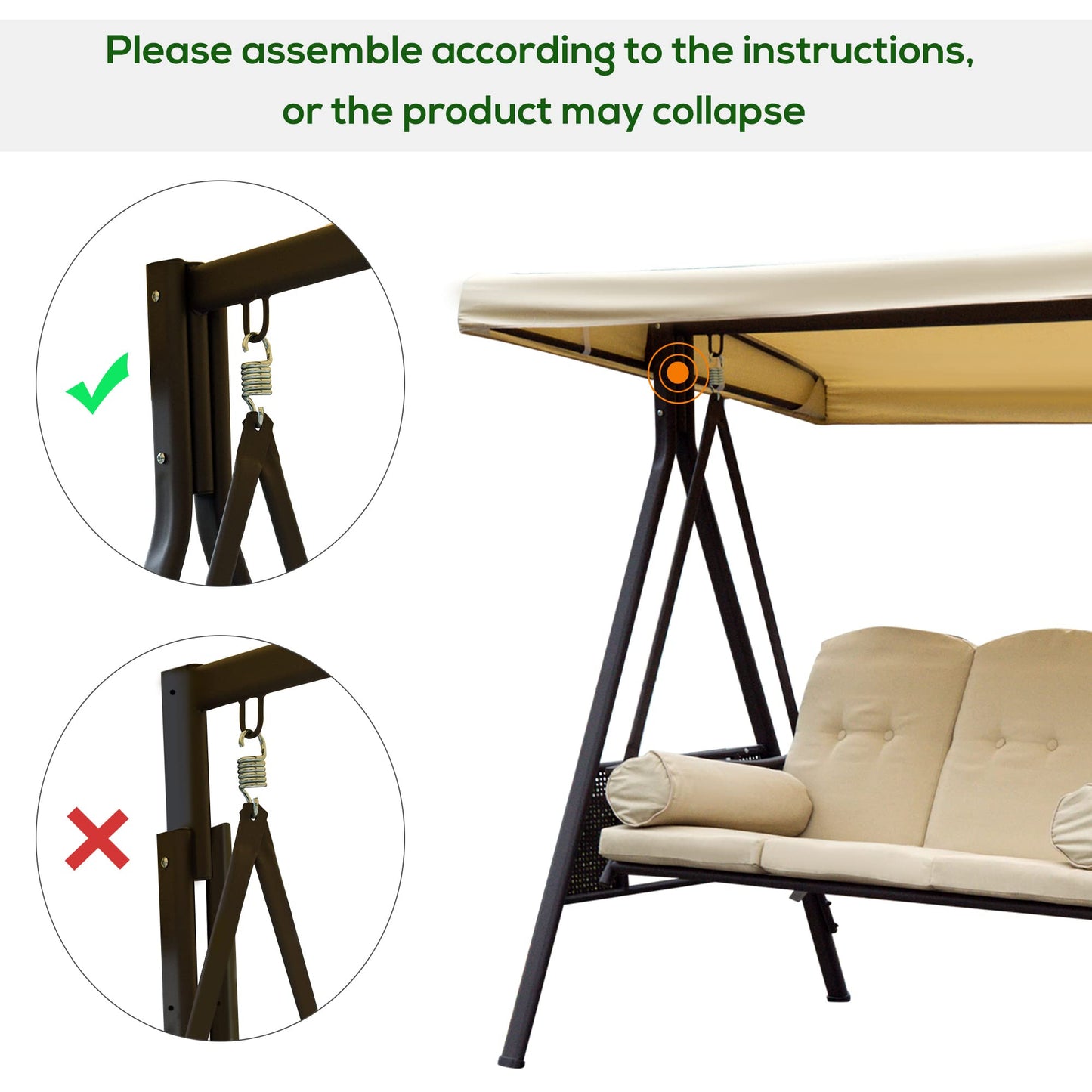 Outsunny 3 Seater Garden Swing Chair Outdoor Hammock Bench w/Adjustable Canopy, Cushions and Cup Trays, Brown Steel Frame, Beige Fabric