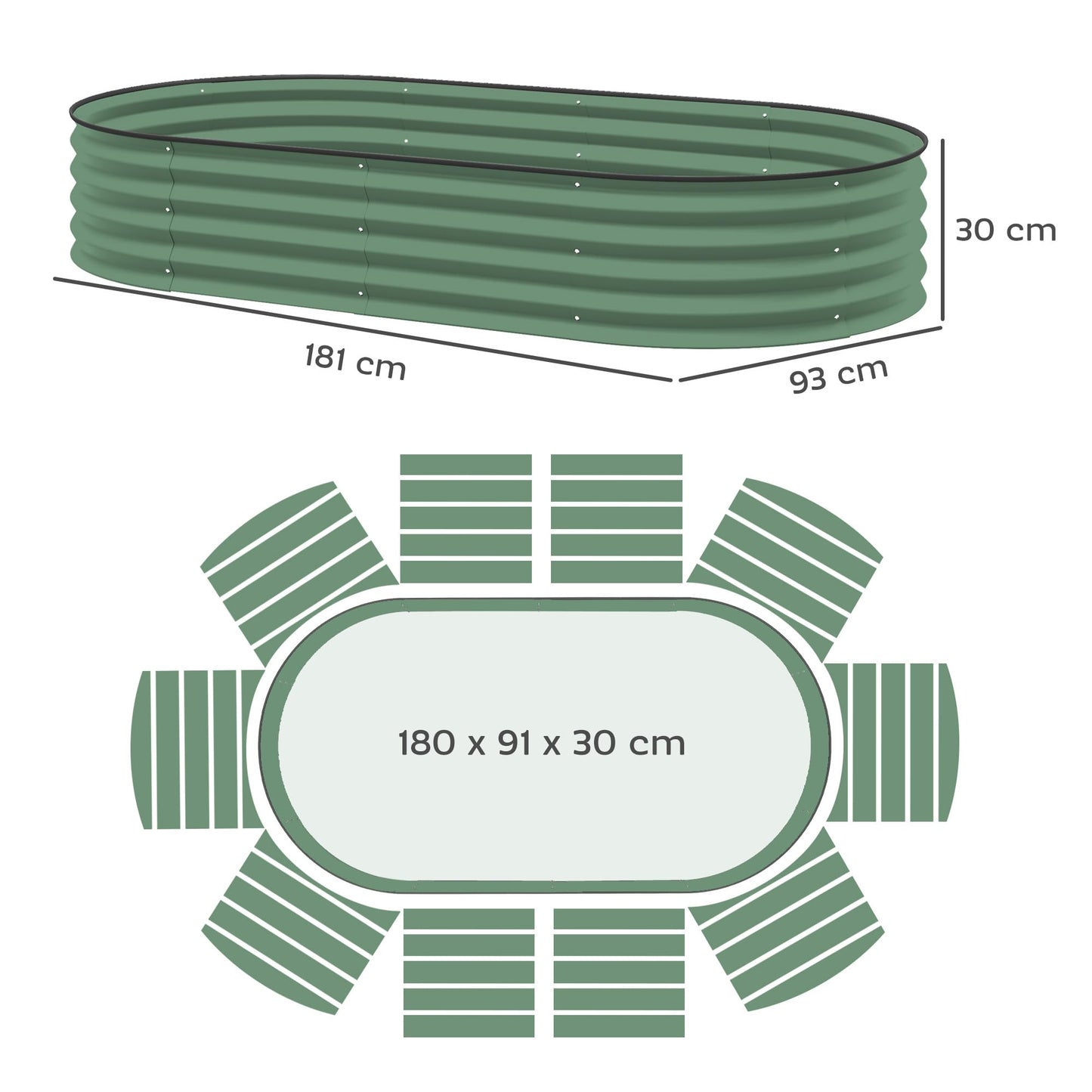 Outsunny Set of 2 Raised Beds for Garden, Outdoor Galvanised Planter Box with Plant Support Stakes, Rubber Strap Edging and Bottomless for Flower, Vegetable, 181 x 93 x 30 cm, Green