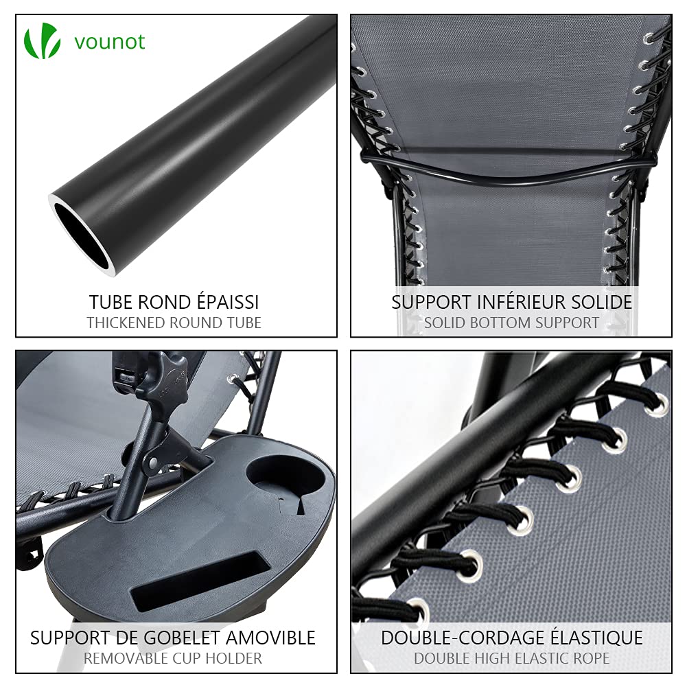 VOUNOT® Set of 2 Zero Gravity Sun Loungers, with Cup Holder and Phone Hoder, Adjustable Textoline Reclining Garden Chairs, Grey