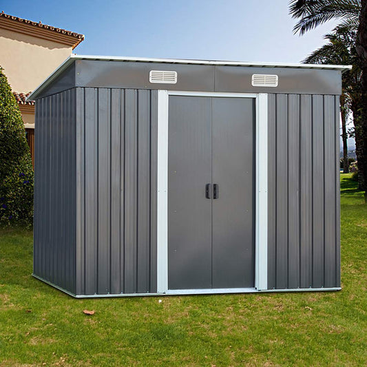 Panana 8 x 4 ft Corrugated Metal Garden Storage Shed w/Sliding Door Sloped Roof - Grey