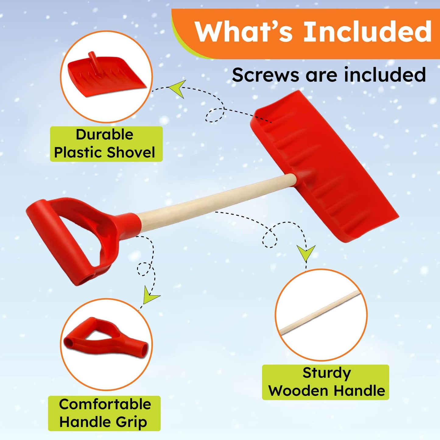 EarlyGrow 42.5cm Heavy-Duty Wide Snow Shovel Plastic Head Pusher 120cm Long Wooden Handle and D Handle Multipurpose Plastic Shovel for Snow, Waste, Leaves and Garden Debris