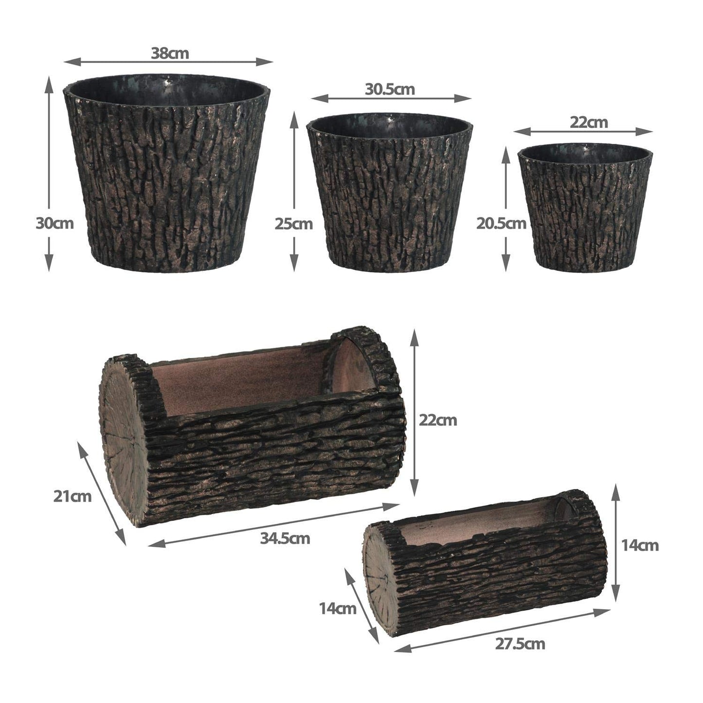 Woodland Textured Trunk Style Plastic Trough Planters - Set of 2 - Suitable for Indoor or Outdoor Use - 27.5cm (L) x 14cm (W) x 14cm (H)