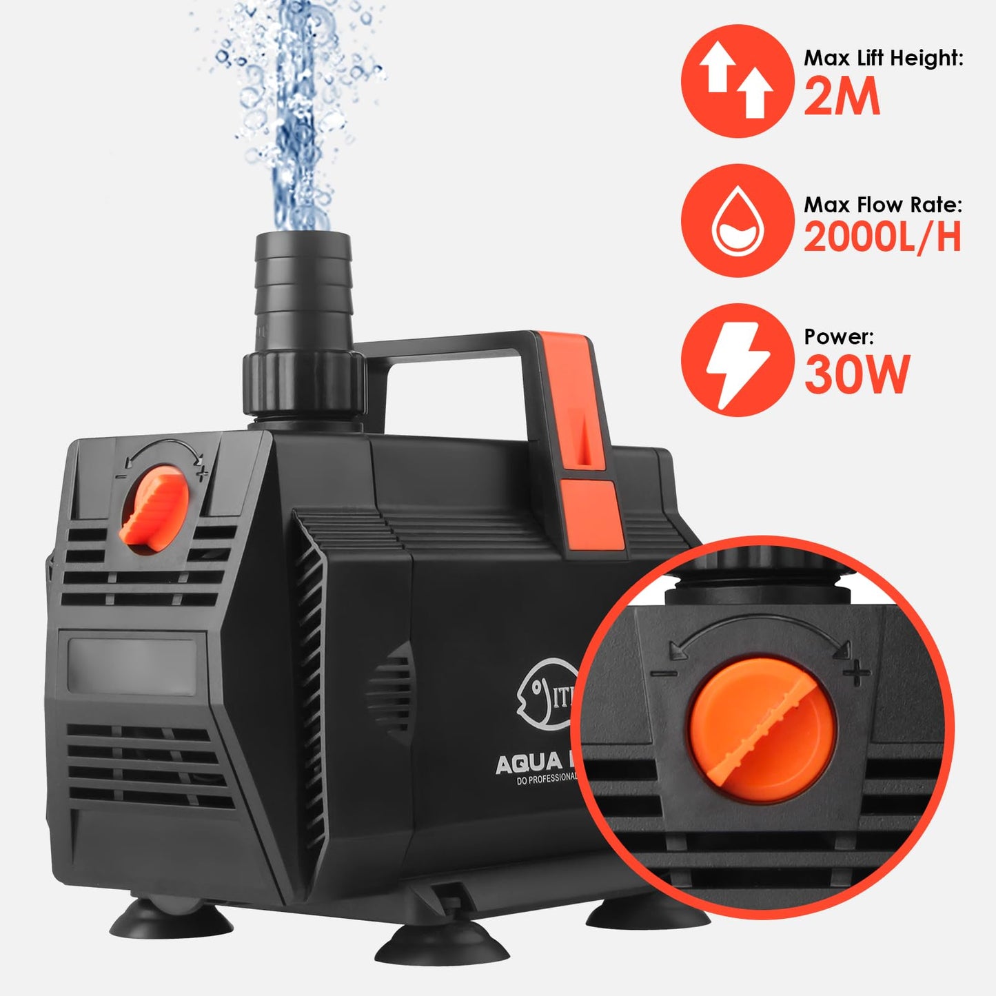 ITIY Submersible Water Pump Pond Pump, 30W 2000L/H Water Fountain Pump Aquarium Water Pump with Flow Control for Fish Tank, Waterfall, Filtration, Outdoor, Hydroponics