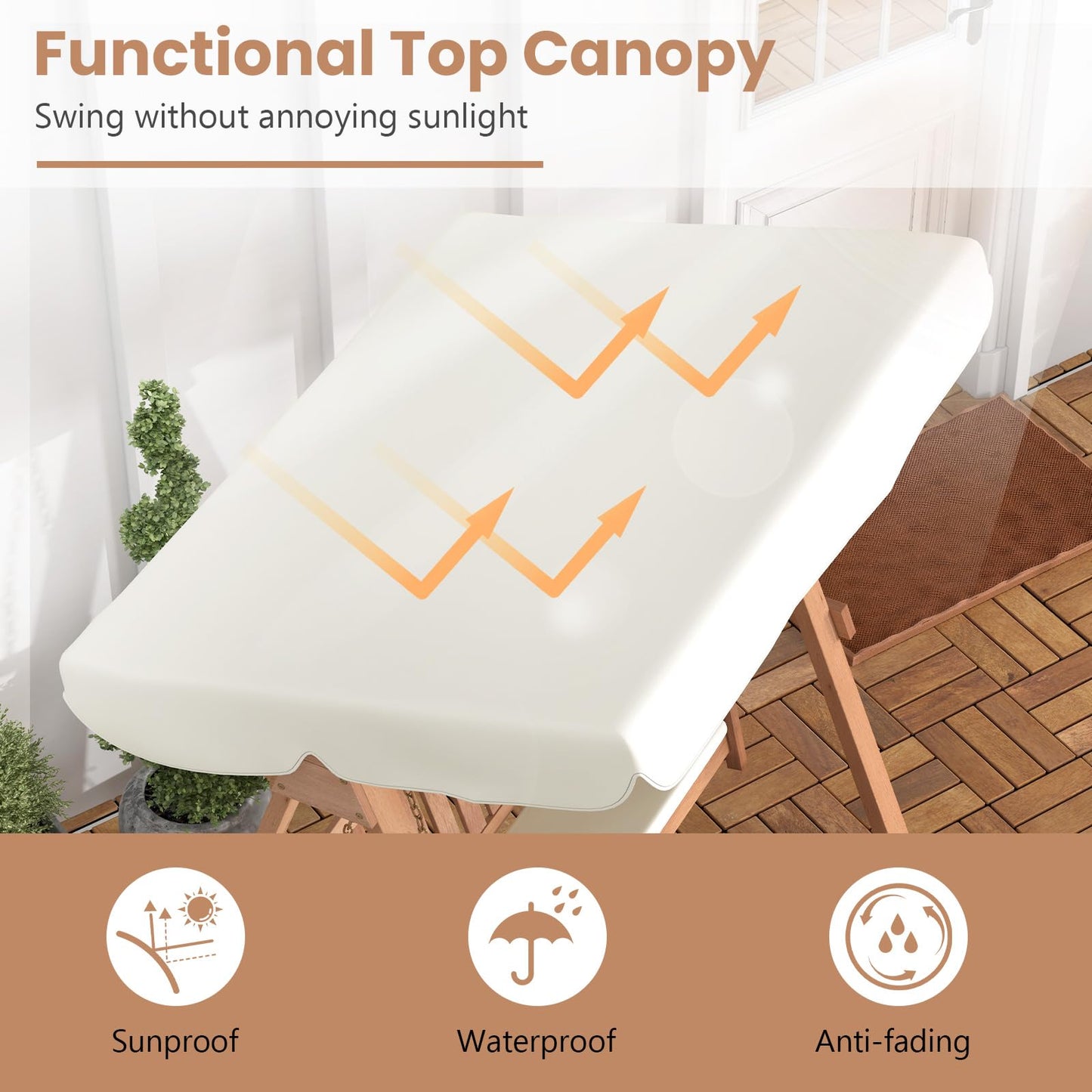 COSTWAY Outdoor 2-Seat Swing Chair Set, Wood Porch Swing Bench with Canopy, A Frame, Sturdy Metal Hanging Chains and Soft Seat Cushions, Swing Seat for Patio, Garden & Backyard