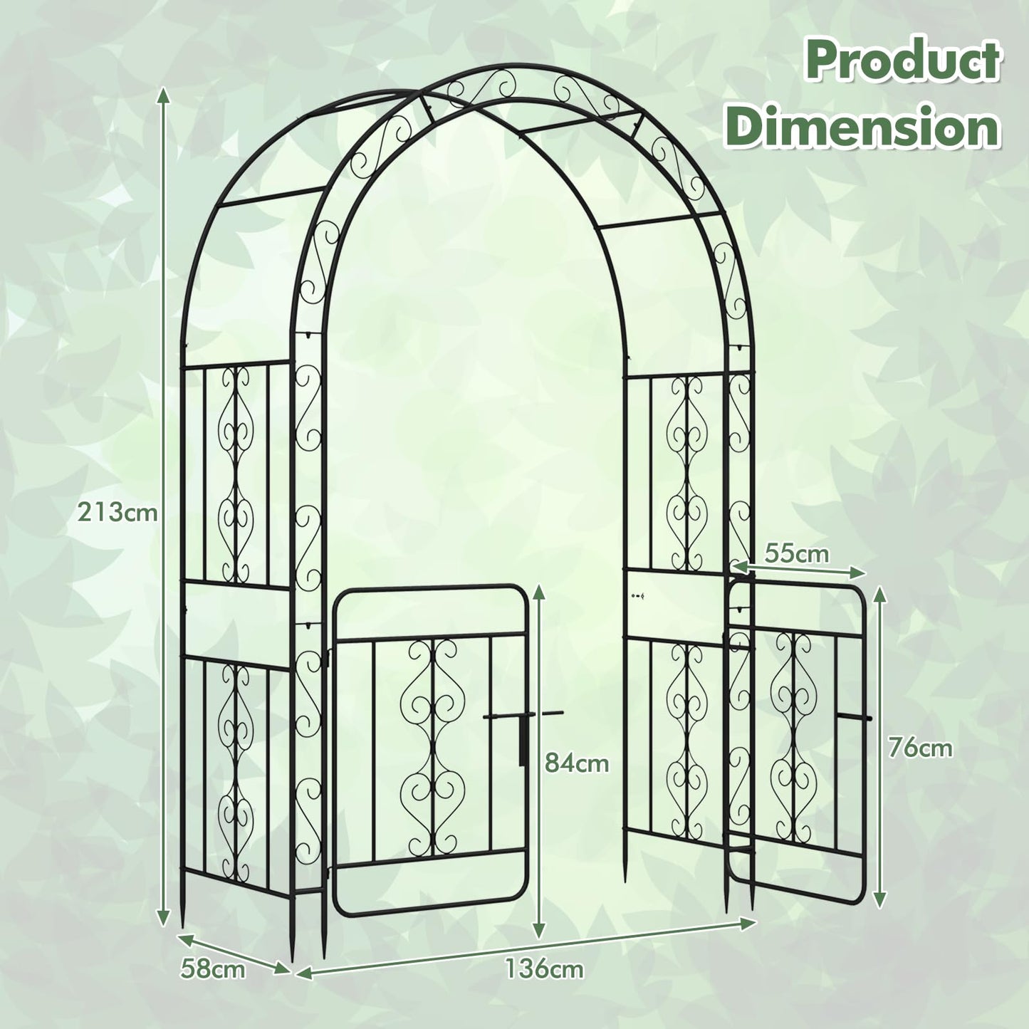 TANGZON Garden Arbor, Metal Arch Arched Top Arbor Trellis with Lockable Gate, Heavy-Duty Trellis Archway for Climbing Plants Grape Vines Wedding Ceremony (with multiple side crossbars,136x58x213cm)