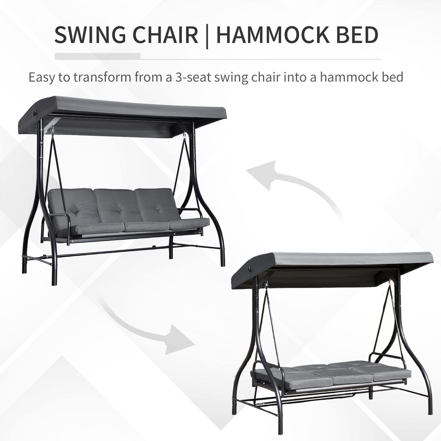 Outsunny 3 Seater Canopy Swing Chair Porch Hammock Heavy Duty 2 in 1 Garden Bench Lounger Bed with Metal Frame, Removable Cushion - Dark Grey