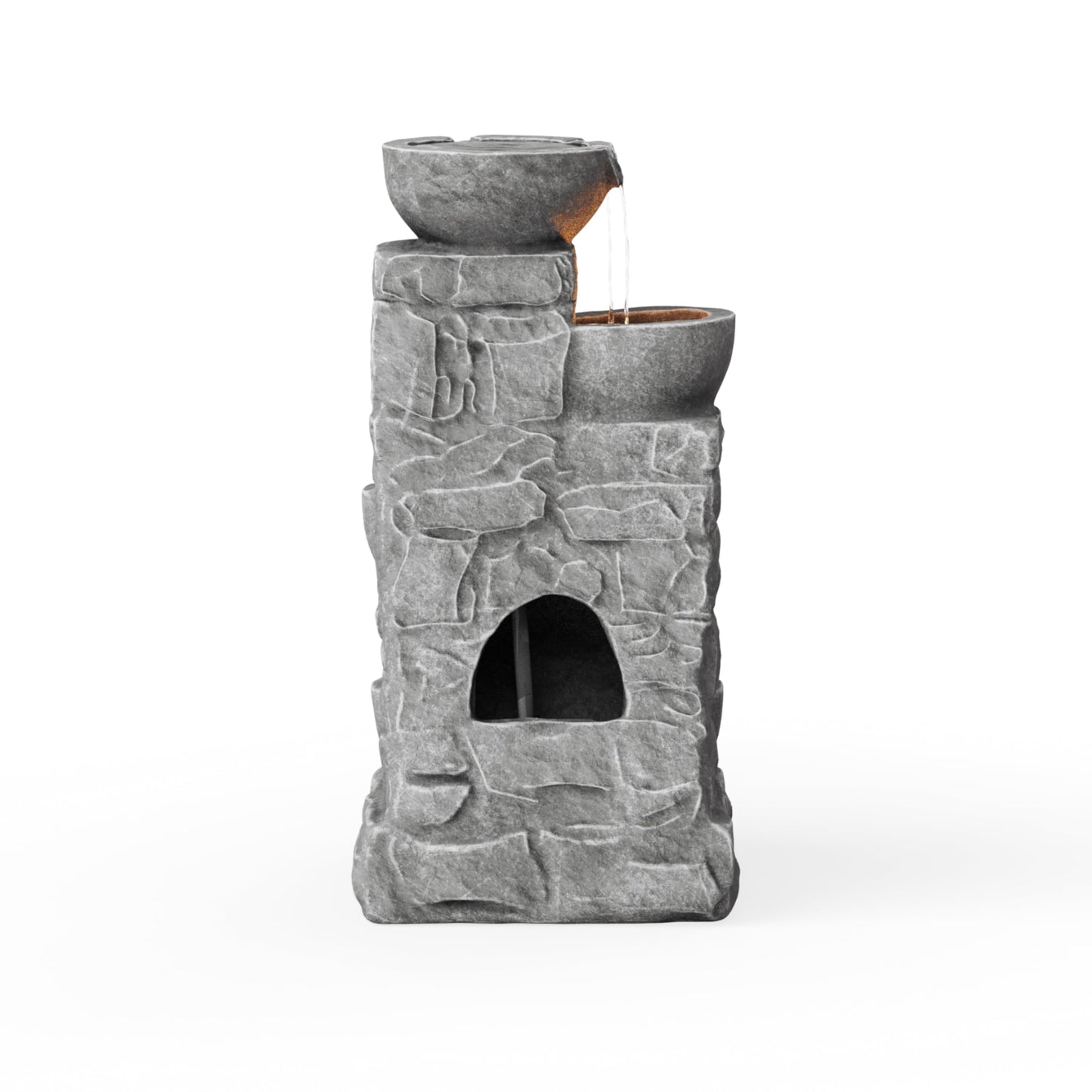 Teamson Home Cascading Bowls & Stacked Stone Outdoor Water Fountain with LED Light, Grey