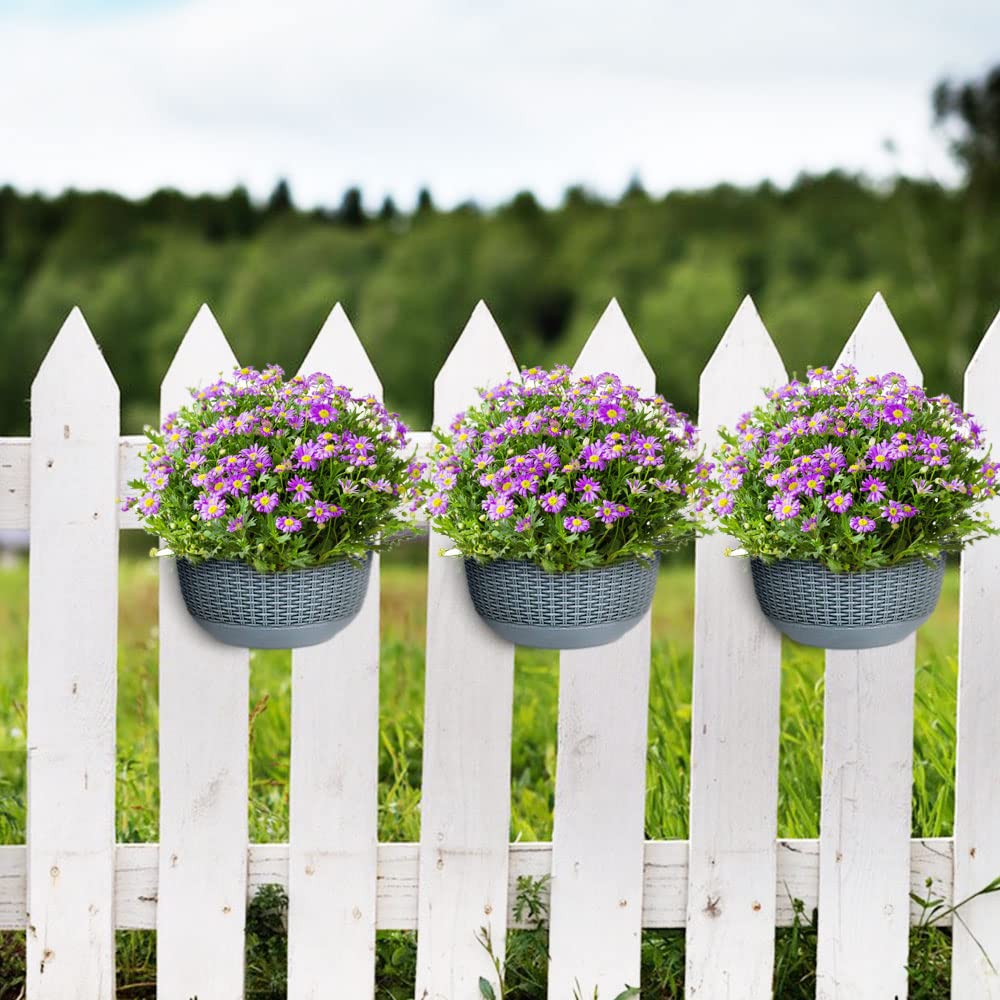 Set of 2 Pcs Hanging Planters Outdoor Hanging Basket Plastic Flower Pot Plants Holder Hanger for Balcony Fence Wall Mounted Planters Hanging Fence Planters with Drainage and 4 Hooks (F)