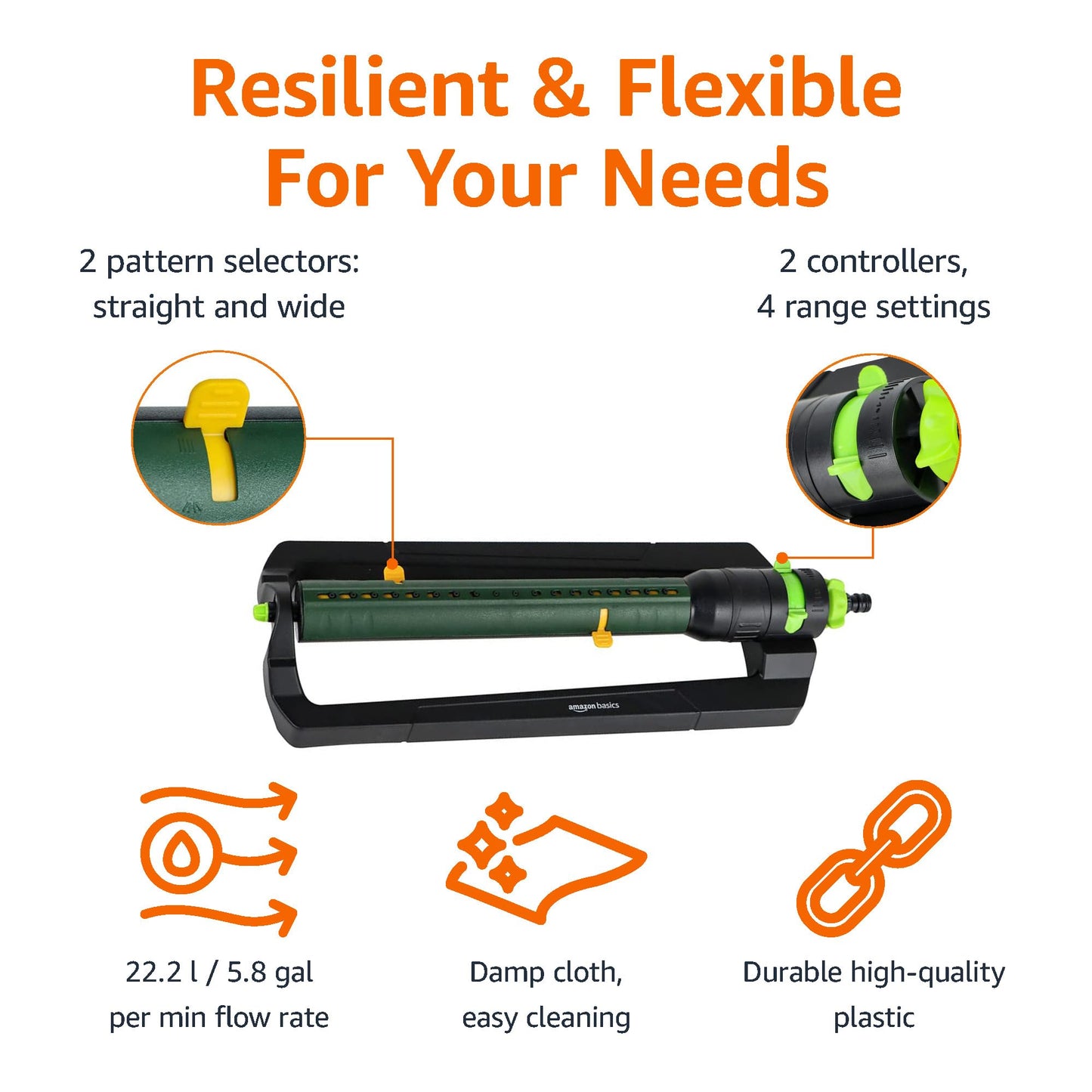 Amazon Basics Oscillating Water Sprinkler with 2-Way Adjustment and 1.9 cm Tool Adapter, Black, 49.7 x 17 x 8cm