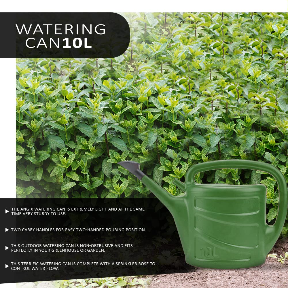 ANGIX 10L Large Watering Can With Detachable Rose Head Sprinkler | Lightweight & Durable Plastic Can Ideal For Garden Plants In Both Indoor And Outdoor - Green