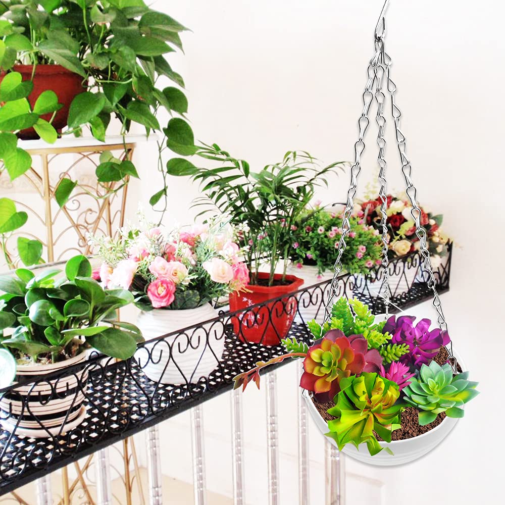 3 Pcs 8 inch Hanging Planter Pots,Self-Watering Round Hanging Basket with Water Tray and Metal Chain,Succulent Flower Plant Pot Container for Indoor Outdoor Garden Balcony Wall Decor,White